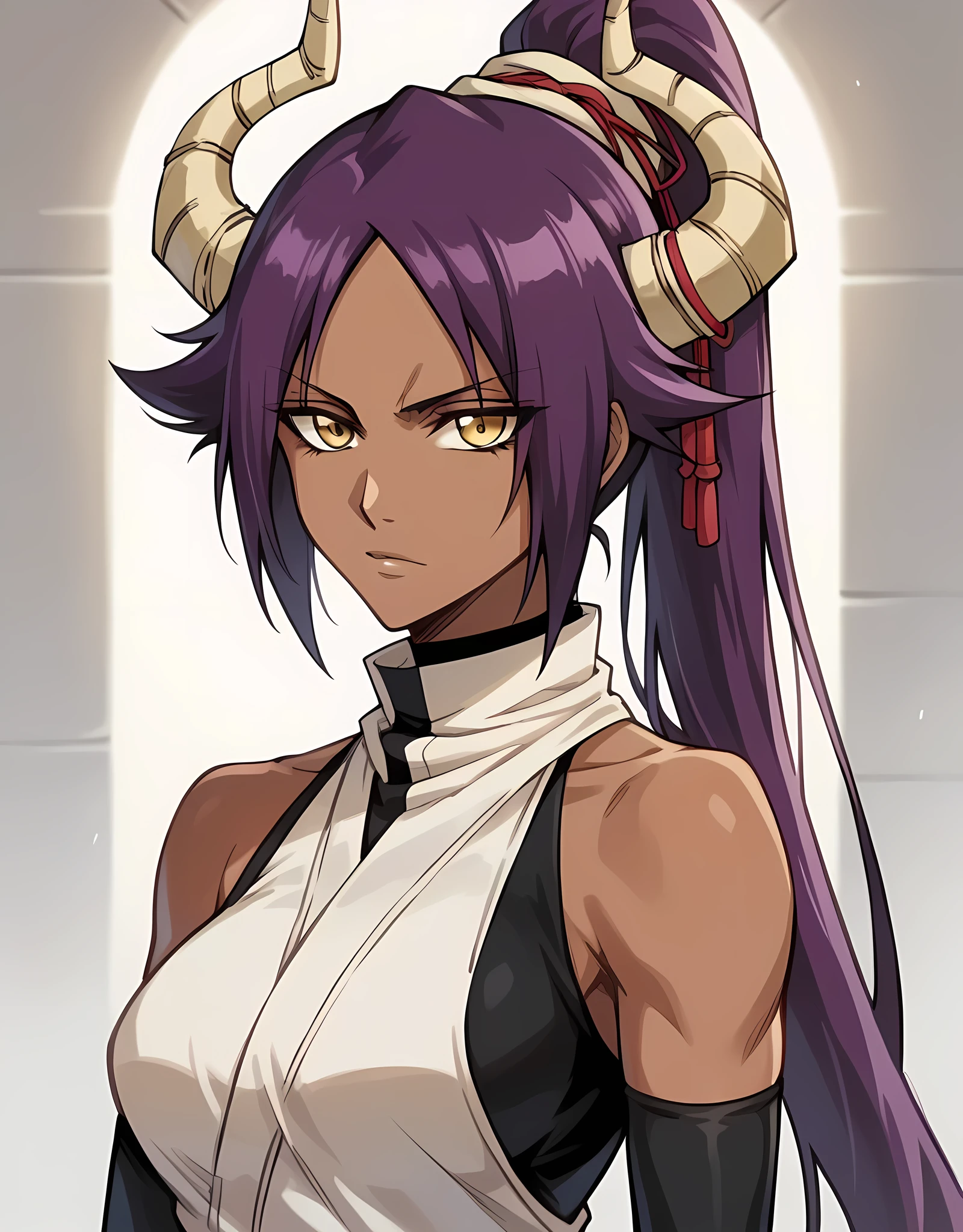 1girl, shihouin yoruichi, bleach, purple hair, perfect yellow eyes, dark skin, noir style portrait, masterpiece, best quality, absurdres, silver thunder lightening on her body and chest, silver lightening, god of thunder, detailed, thunder horn, Cowboy Shot ,perfect hand and body