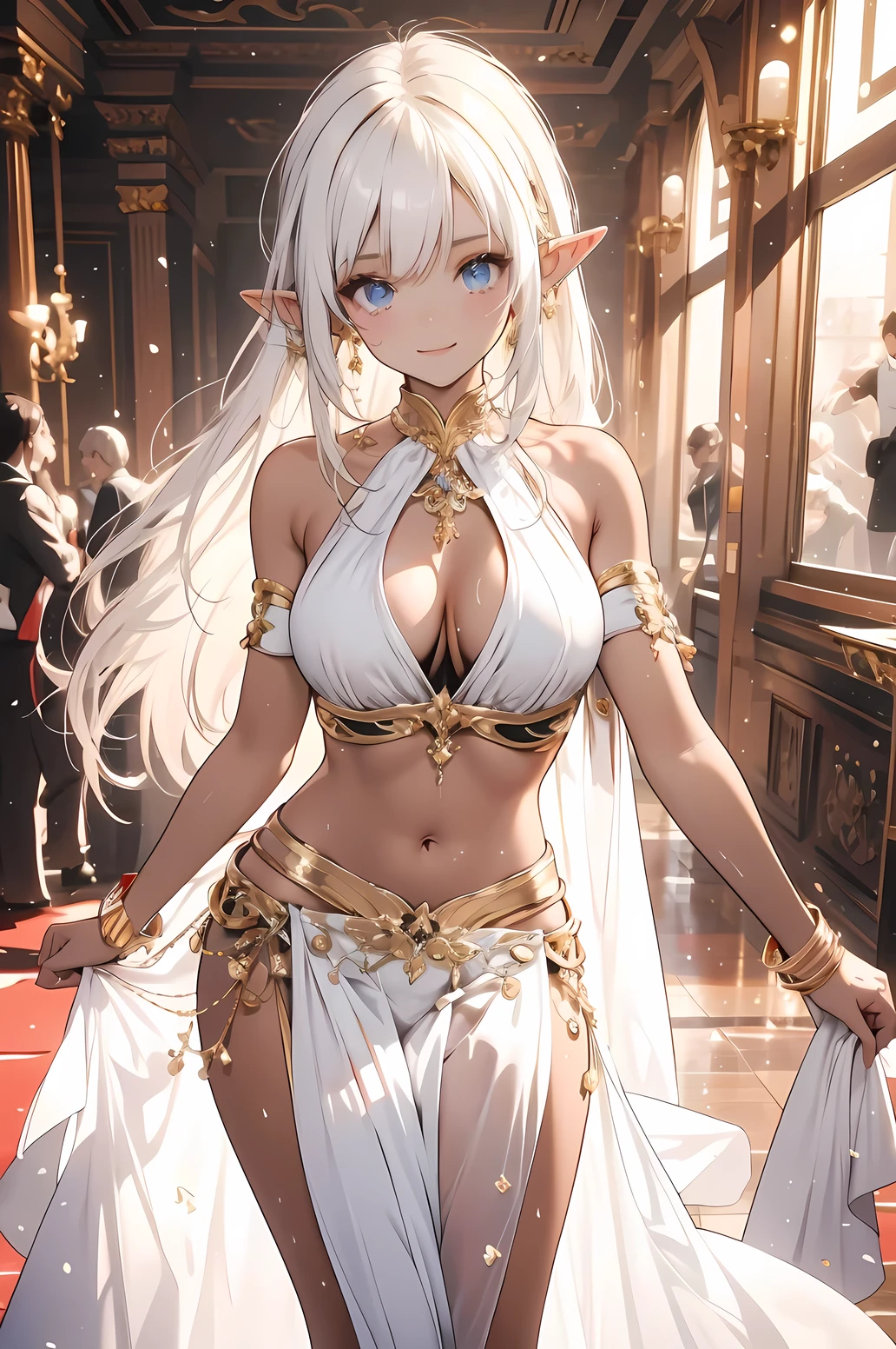 ((masterpiece)), (detailed), perfect face, high detailed eyes, elf, pointy ears, forehead mark, evil smile, white hair, tanned skin, dark skin, dancer, Sensual dance, sensual poses, sweaty skin, torrents of light, Frenzy, trance state, statuesque oblong-shaped face, vivacious eyes, strong hourglass physique, well-built, thick, and alluring, long toned legs, belly dancer