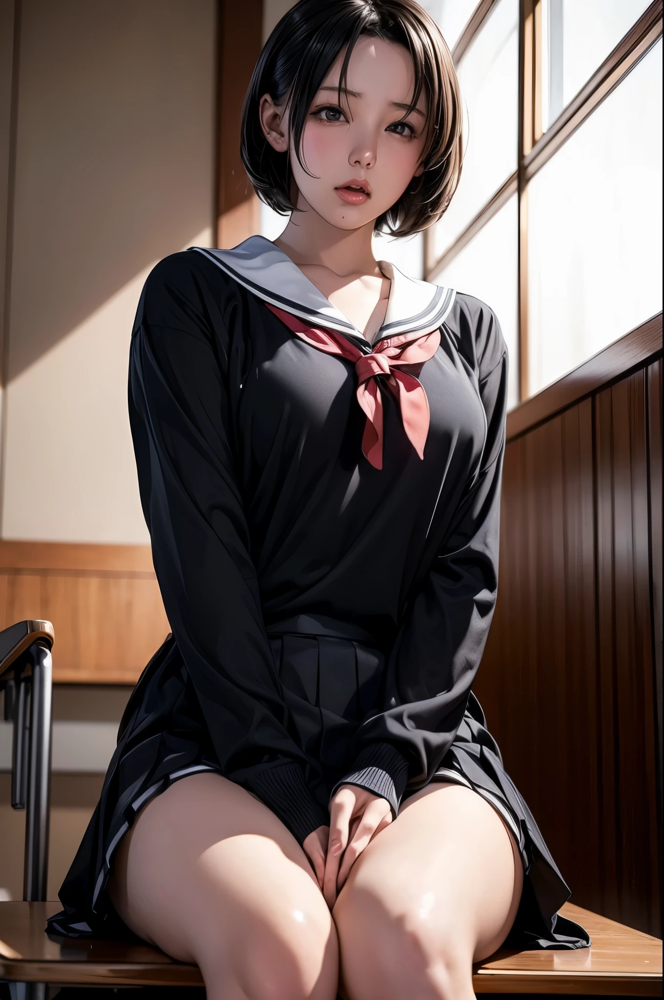 (RAW Photos), (Realistic), (Photorealistic), Ultra-high resolution, masterpiece, Highest quality, Portraiture, facial Portraiture, Perfect lighting, Detailed lighting, Dramatic Shadows, A young woman, solo, wearing a sailor uniform, sitting in a classroom, (School 1.5 in the background), (Serious expression, Hot 1.5), (highest quality: 1.1), (masterpiece: 1.3), with an unparalleled masterpiece, Surreal 8K, Perfect artwork, Super detailed, highest quality, masterpiece 4K wallpaper aesthetics, masterpiece, Award-winning works, Official Art, Cinema Lighting, Small Breasts, short bob hair, (((black hair))), (((Mouth half open))),