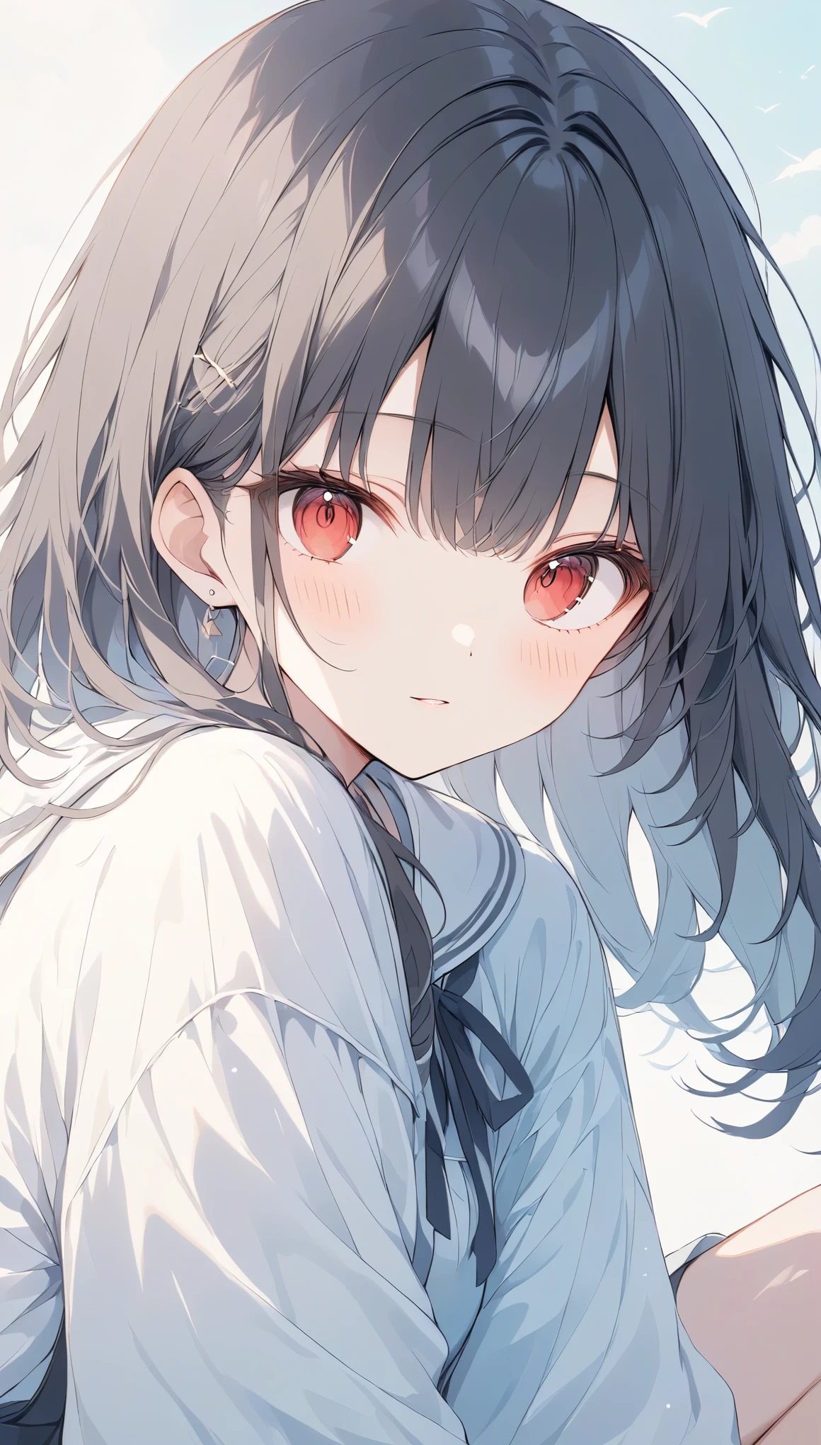 The pale line art and pale colors create a dreamy and ephemeral impression.,One Girl,Black Hair、Semi-long、Red cheeks、((Slanted Eyes)),Red Eyes,Sexy face,cute,leaning forward,Cool looking background