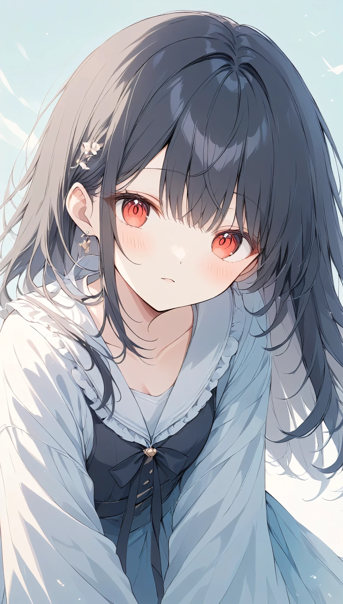 The pale line art and pale colors create a dreamy and ephemeral impression.,One Girl,Black Hair、Semi-long、Red cheeks、((Slanted Eyes)),Red Eyes,Sexy face,cute,leaning forward,Cool looking background