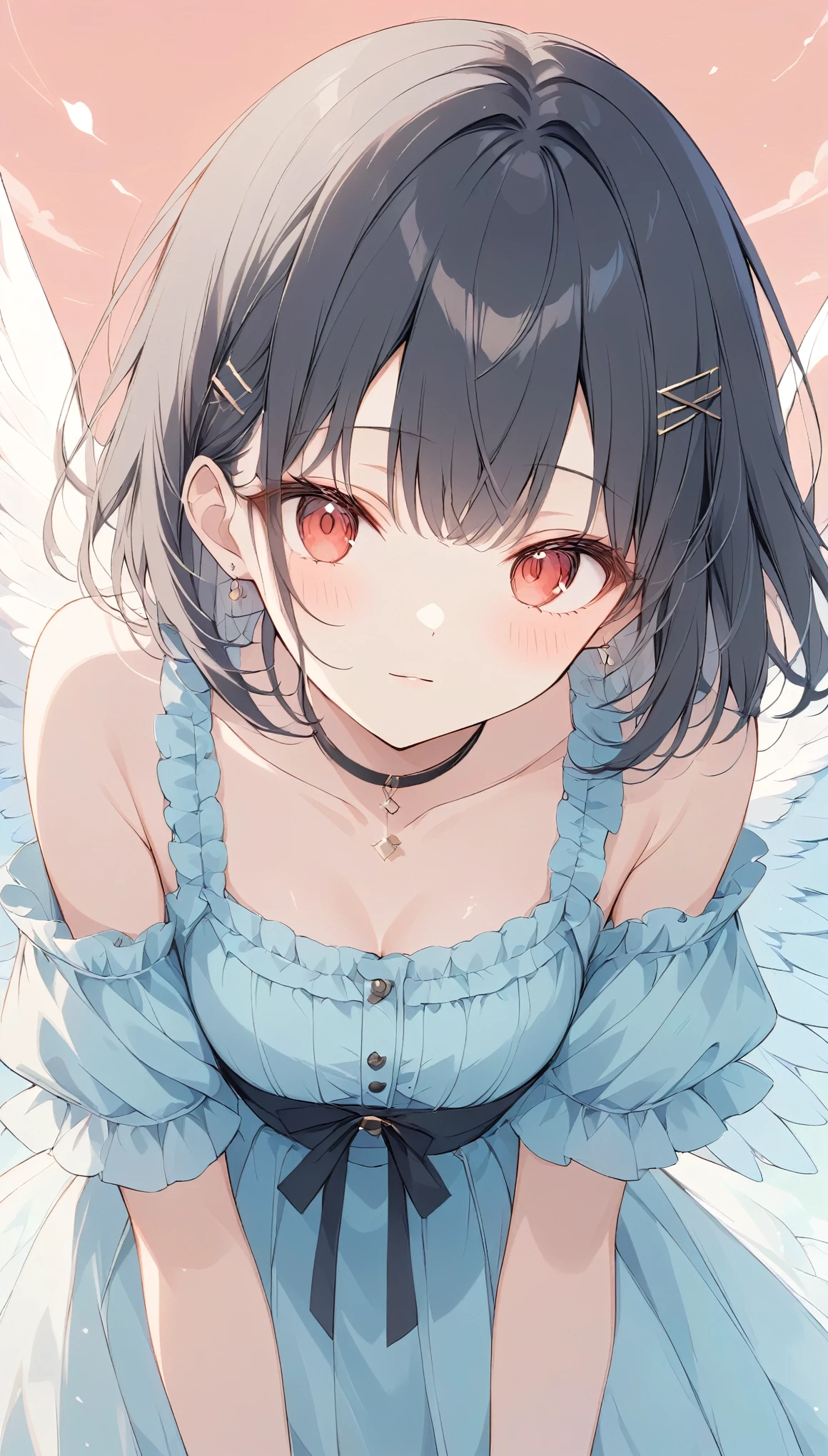 The pale line art and pale colors create a dreamy and ephemeral impression.,One Girl,Black Hair、Short Hair、hairpin、Red cheeks、((Slanted Eyes)),Red Eyes,Sexy face,cute,leaning forward,Cool looking background