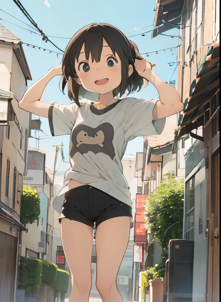 12-year-old girl、Pure girl、One Girl、Cute smile、Sparkling Eyes、Healthy Skin、Large park、Summer sun、White cloud、Blue sky、Whole body composition、Barefoot、Detailed Hair、Tank top and short skirt、Small breasts、slender、Looking up、Hair blowing in the wind、Dynamic pose、very loud laugh、My skirt is flying up in the wind、after the rain、My whole body is wet、Wet body、Blushed cheeks、Sweaty face、Lots of sweat、Her belly button is visible