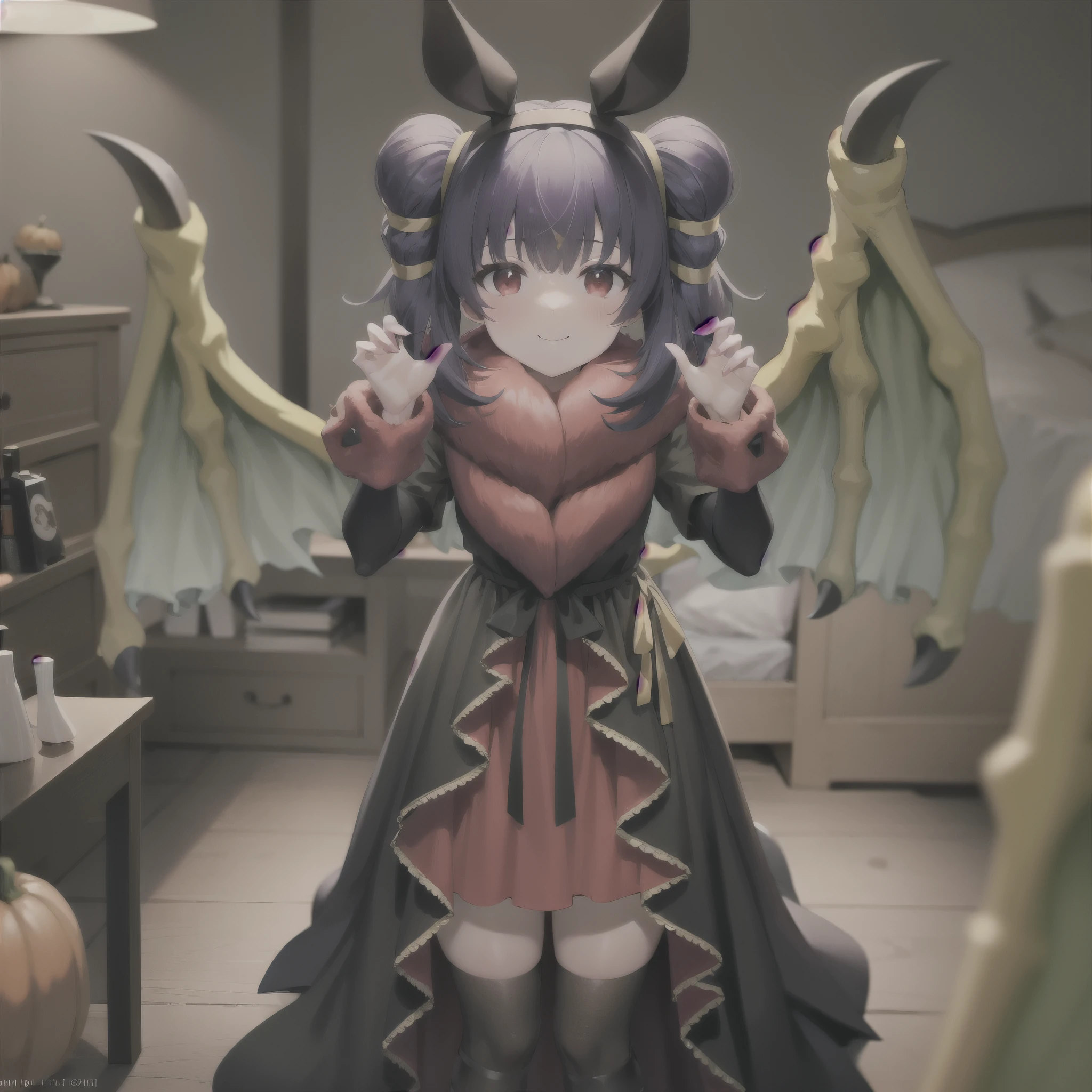 masterpiece, best quality, absurdres, 1girl, standing ,light smile, multi-tied hair, red eyes, blush, myrrh_fe_halloween, halloween, hairband, fur trim, bat ears, dragon wings, incoming hug, bedroom