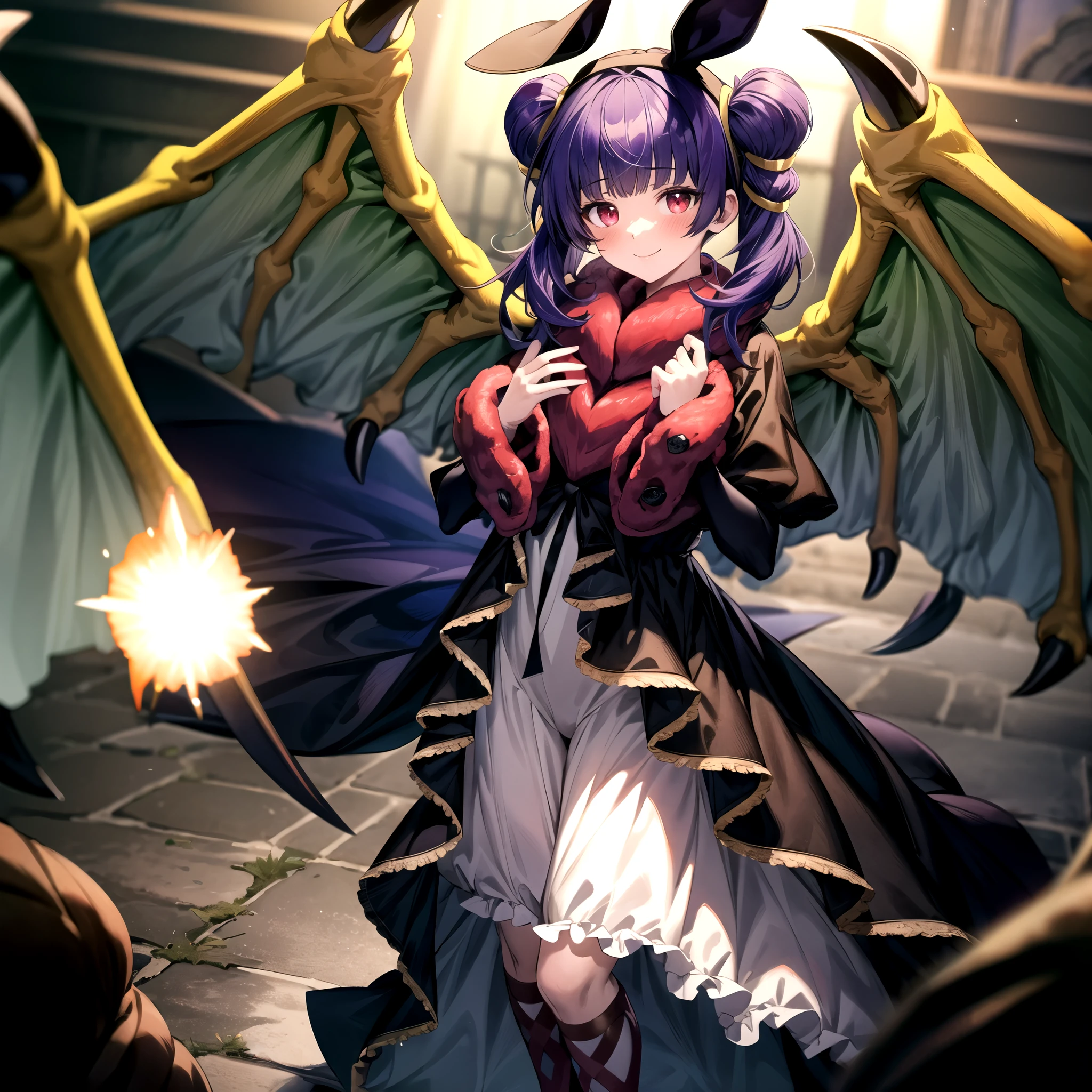 masterpiece, best quality, absurdres, 1girl, standing ,light smile, multi-tied hair, red eyes, blush, myrrh_fe_halloween, halloween, hairband, fur trim, bat ears, dragon wings, looking at viewer