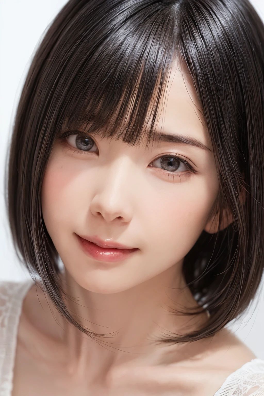 1 girl, alone, Shiny skin, chest, very detaileded, ultra detaileded, Ultra-high resolution, whole body, (Photorealism:1.4), (highest quality), (Best Shadow), Ulzzang-6500, detailed, Perfect lighting, Black Hair, ((Showpiece, highest quality, High precision)), One Girl, (big chest, Realistic: 1.4), (look up at the camera even a little, カメラをlook up, look up, look up at the camera, Looking into the camera))), alone, , White Background, snow-White Background, shut up., smile, pretty Black Hair, short hair:1.6, Big eyes, Transparent double eyelids, eyelash, listen, Long neck, Long neck, Absolute area, ((Face close-up, short hair with bangs)), 19 years old, Attractive proportions, Shiny skin, Beautiful clavicle, Golden ratio face, Perfect Face, Teardrop-shaped mole, chestのほくろ, bangs, clean bangs, beautiful bangs, Lip gloss, Thin lips, White skin, I took off my clothes, big chest, Small face, Small face, 少し上を向いてLooking into the camera, ((smile a little for the camera, really nothing pure White Background, Listen carefully、very big big chest, big chest、Dynamic Angle))