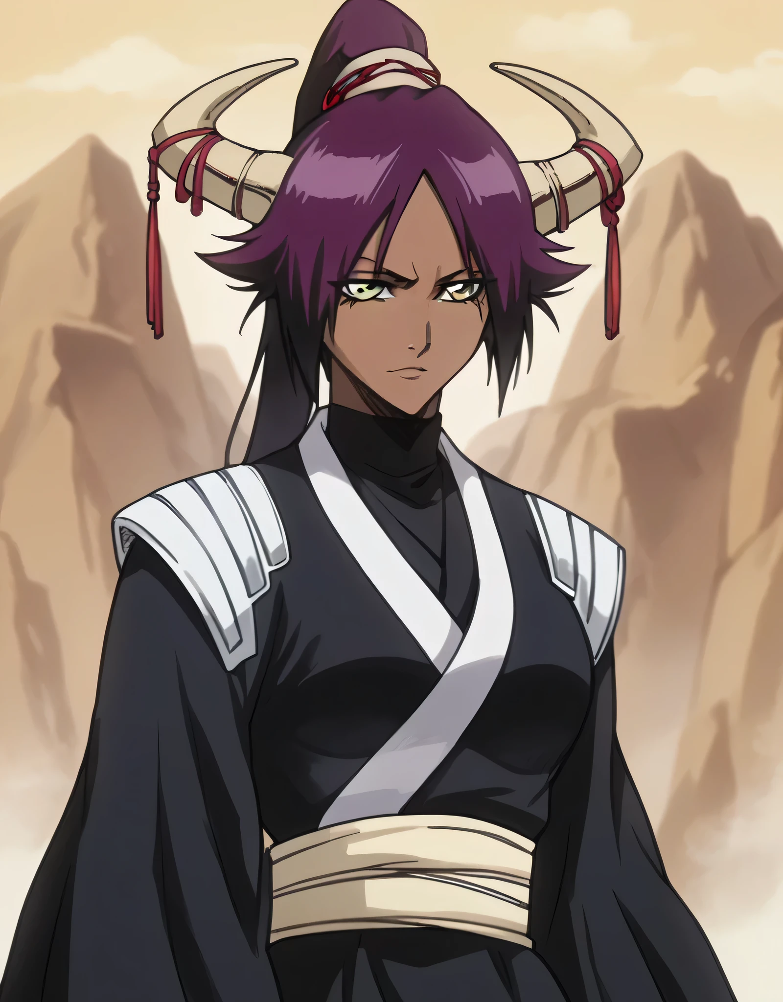 1girl, shihouin yoruichi, bleach, purple hair, perfect yellow eyes, dark skin, noir style portrait, masterpiece, best quality, absurdres, silver thunder lightening on her body and chest, silver lightening, god of thunder, detailed, thunder horn, Cowboy Shot ,perfect hand and body dynamic position