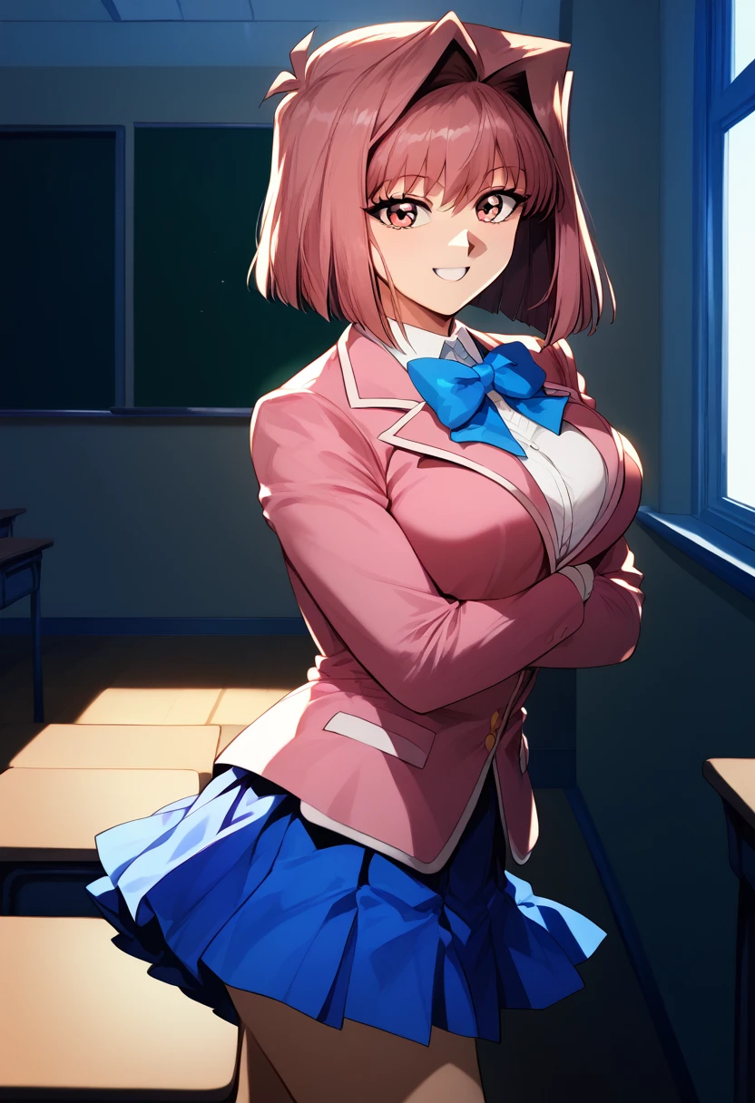 (masterpiece), (Best quality), (Very detailed), (high resolution), (8Khighres), (cel anime), (detailed beautiful face and eyes), (textile shading), (cowboy shot), (classroom), anzu mazaki, mazaki anzu, blue bowtie, pink jacket, blazer, long sleeves, blue skirt, pleated skirt, beautiful breasts, walking, smile, crossed arms, from side,,