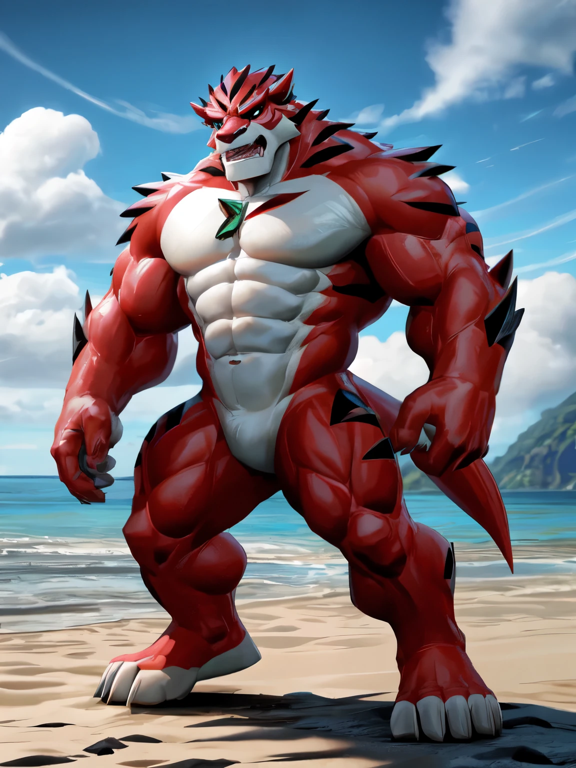 a cartoon image of a character standing in a beach,dynamic pose, commission for high res,rath_(ben_10), muscular, muscular_male, muscular_anthro, by_takahirosi,((topless,bottomless))