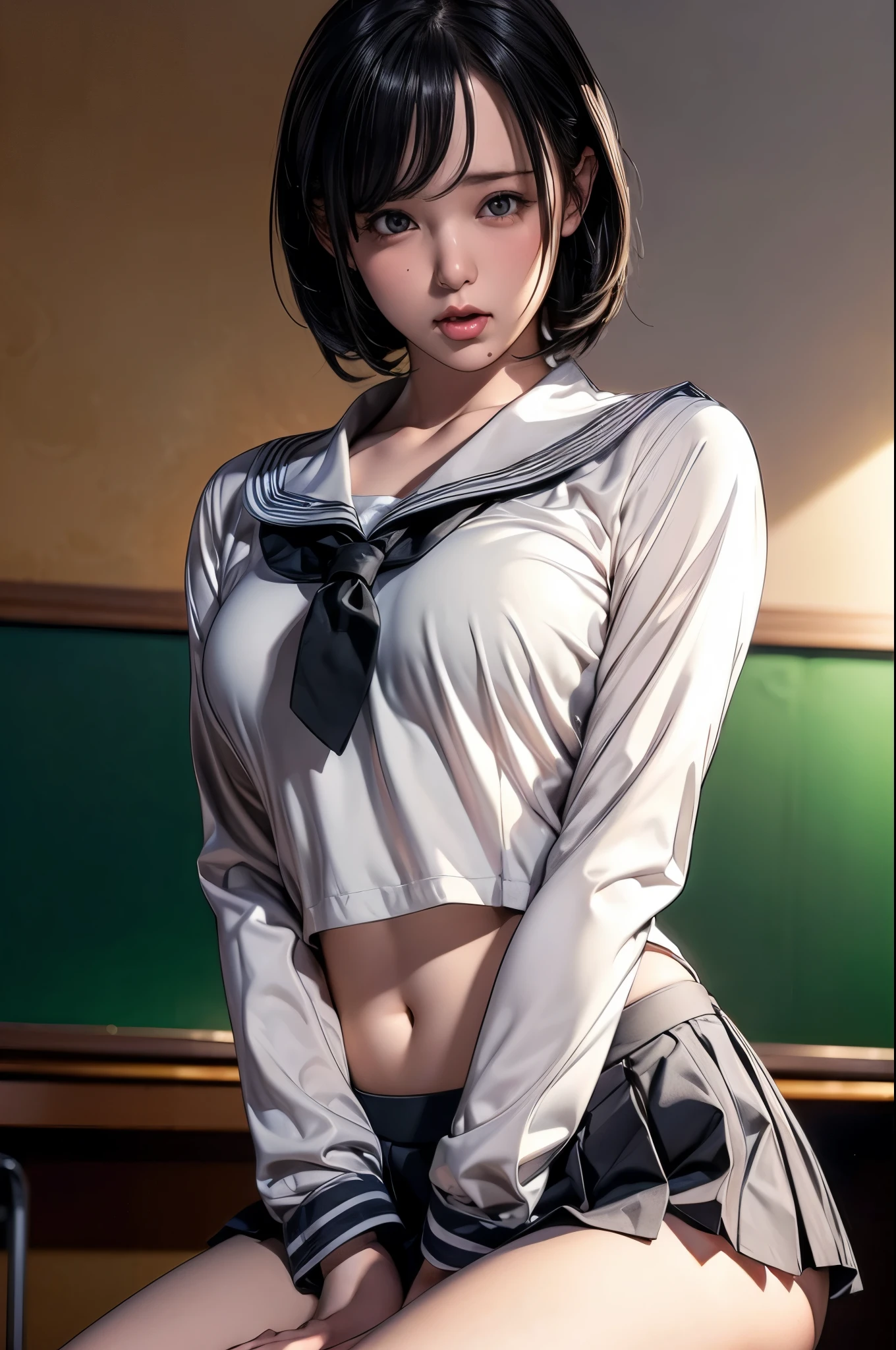 (RAW Photos), (Realistic), (Photorealistic), Ultra-high resolution, masterpiece, Highest quality, Portraiture, facial Portraiture, Perfect lighting, Detailed lighting, Dramatic Shadows, A young woman, solo, wearing a sailor uniform, sitting in a classroom, (School 1.5 in the background), (Serious expression, Hot 1.5), (highest quality: 1.1), (masterpiece: 1.3), with an unparalleled masterpiece, Surreal 8K, Perfect artwork, Super detailed, highest quality, masterpiece 4K wallpaper aesthetics, masterpiece, Award-winning works, Official Art, Cinema Lighting, Small Breasts, short bob hair, (((black hair))), (((Mouth half open))),