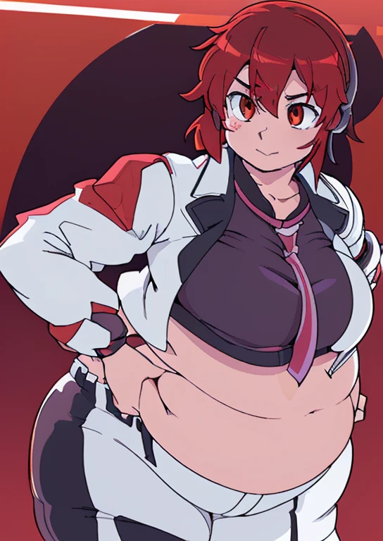 ((best quality, 4k, 8k, anime girl, masterpiece)), ((((beautiful extremely detailed face)))), (((beautiful eyes, red eyes))), cinematic lighting, ((perfect anatomy)), (((chubby, SSBBW, tall, ultra thick, (((extremely huge belly, very round belly, huge bulging belly, extremely thick belly, smooth belly))), skinny arms, very thick legs, wide breasts))), (full body view), ((thick outlines, anime style, neon colours)), (((raiko horikawa))), (((long white jacket, gray croptop, necktie, long pants))), (((vibrant red hair, bangs, headset))), sharp smile,