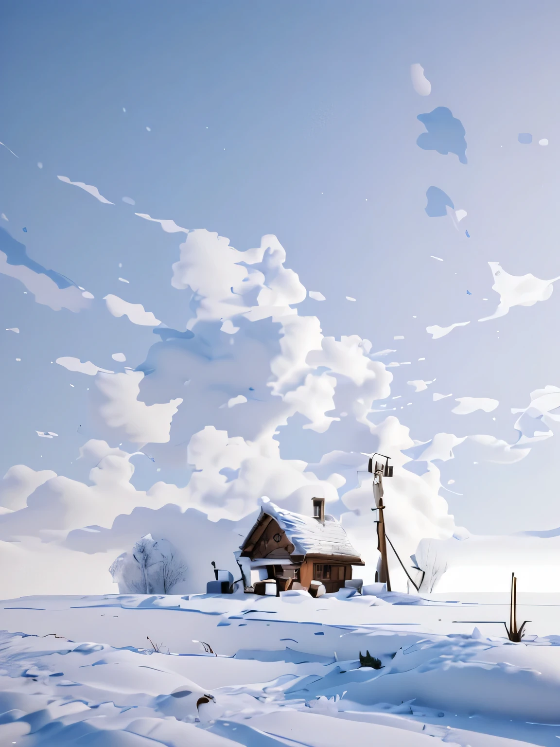 Snow scene of a small wooden house with a fence and a fenced yard, russian village, inspired by Isaac Levitan, magical soviet town, based on Alexei Kondratievich Savrasov, russian villages at background, Winter environment, based on Yuri Ivanovich Pimenov, russian landscape, inspired by Konstantin Vasilyev