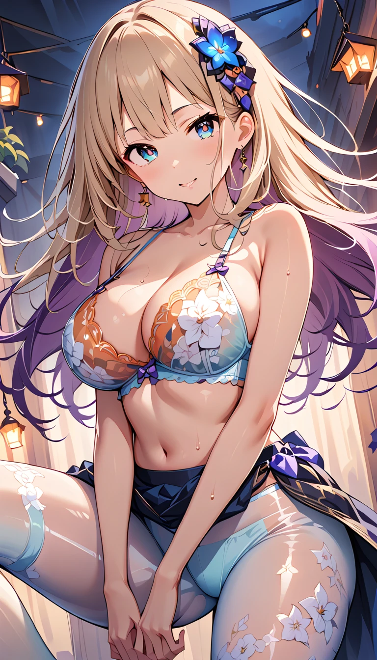 (MASTERPIECE), (Best Quality), (Ultra Detail), (Best Anatomy), Official Art, One Girl, Light-Colored Haired Loli, Petite  Girl, Magical Girl, See-Through Witch Costume, Small, Cleavage, Off Shoulder, Underboob, Side Boob, Thigh Focus, Navel Out, Hands Behind Body, Chest Stretched, Card Illustration, Deep Forest Fountain