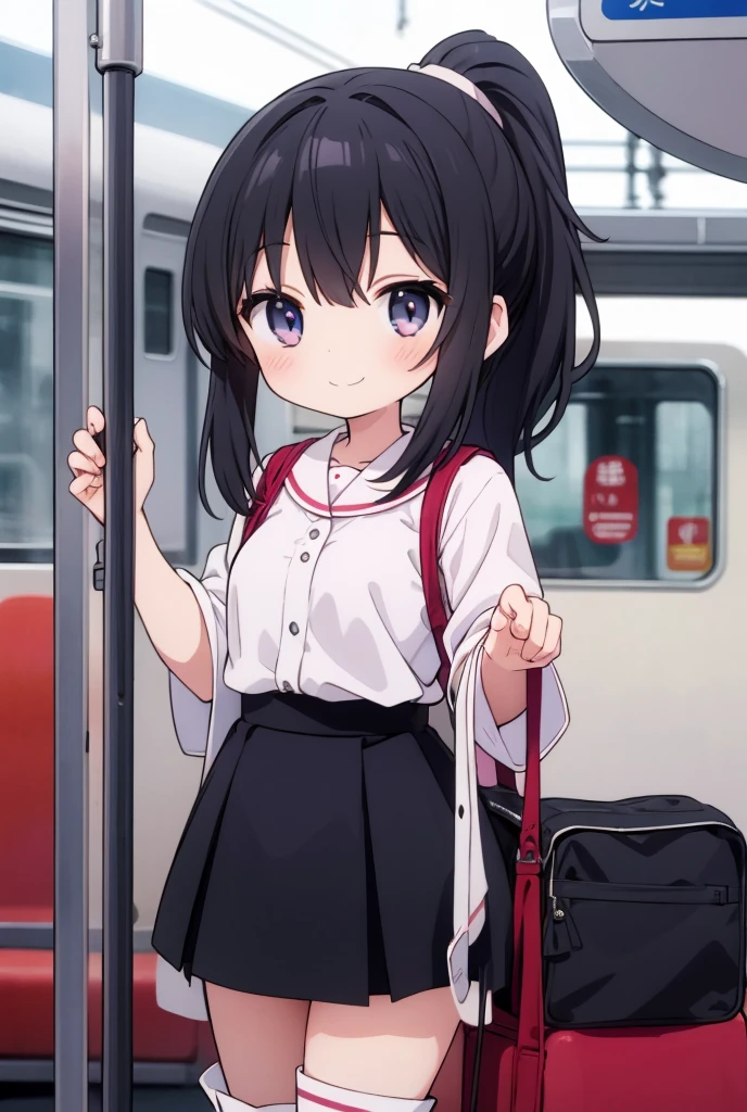 There is a woman standing on the subway with a backpack., Young and cute gravure idol, Young and sexy gravure idol, portrait of a Japanese teen, wearing Japanese , Japanese girl , , Japanese , Japanese model, cute ,F Cup