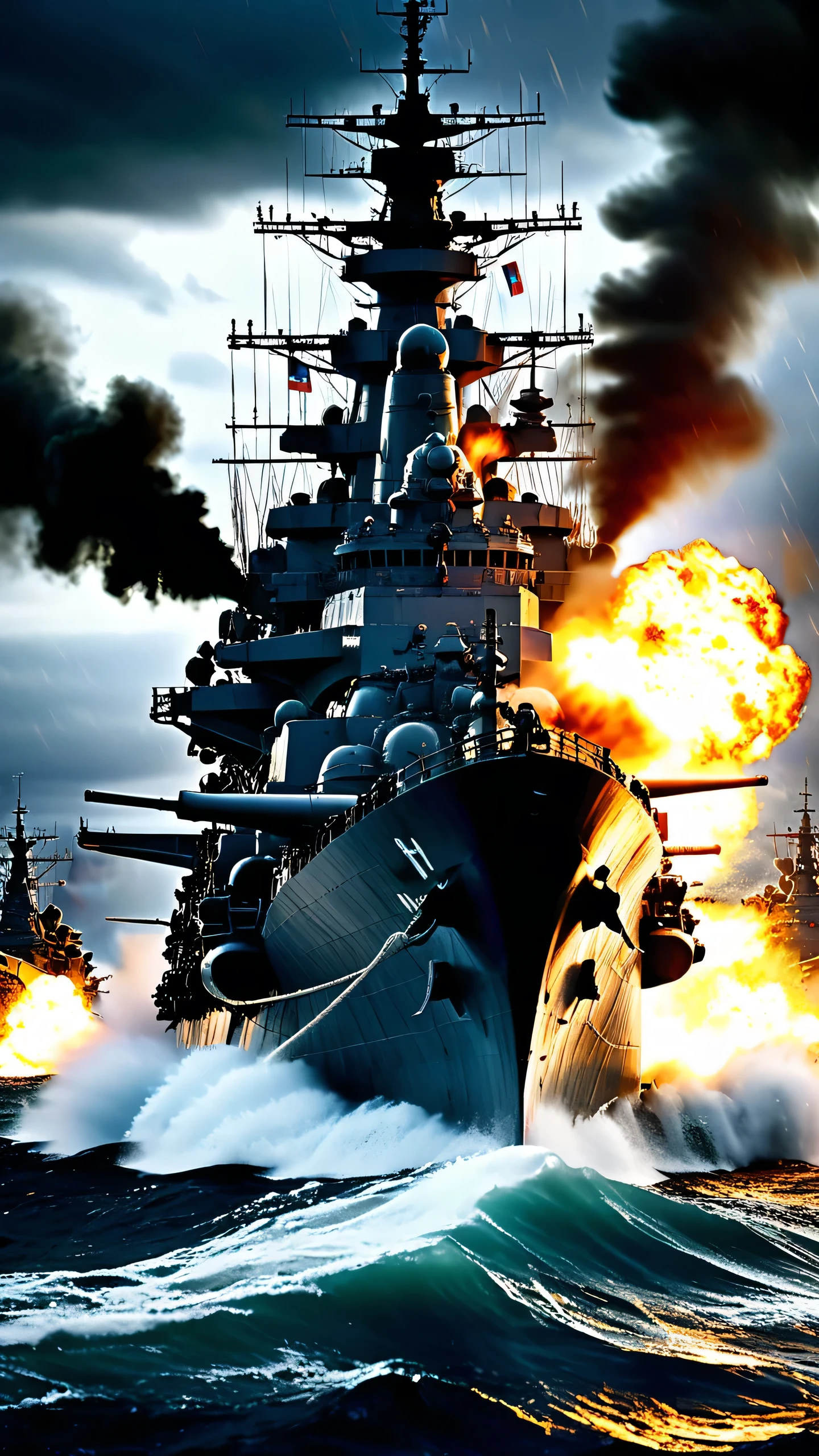 A massive warship, battleship yamato,heavy artillery,large caliber guns,dramatic battle scene,historical naval warfare,dark stormy clouds,crashing waves,explosions,military might,shining metallic surfaces,intricate engineering details,awe-inspiring scale,photorealistic,cinematic lighting,muted color palette,dramatic shadows,depth of field blur