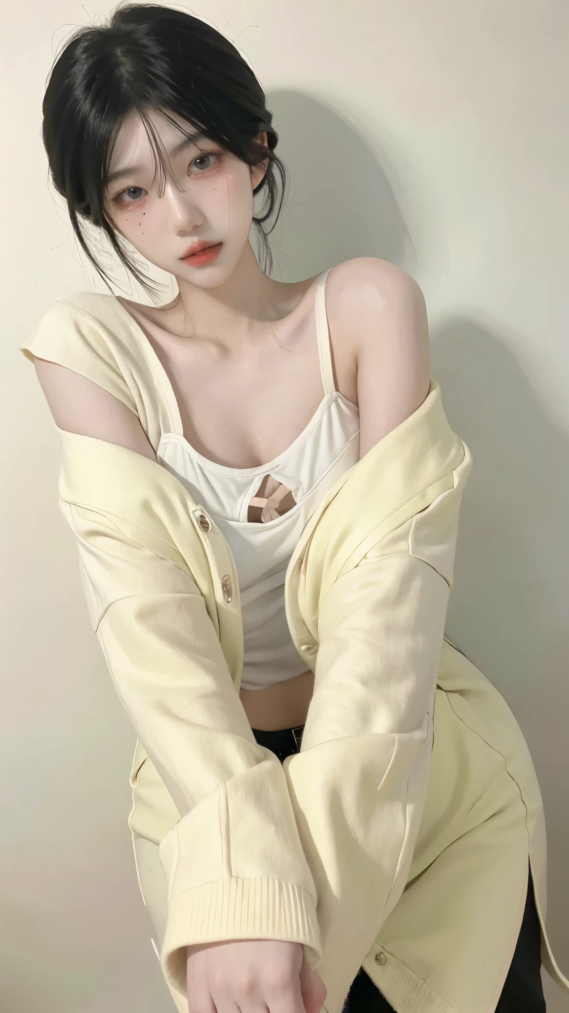(8k:1.27), best quality, masterpiece, ultra highres:1.2), lesbian delinquent girl with dyed hair andnarm tattoos, tattooed girl, full body picture, dirty old white oversized knotted prisoner t-shirt, dirty big t-shirt, short big sleeves, beige prisoner pants tied with a rope, wearing dirty old goth clothes, long pink hair pulled back and messy bun, kneeling in a prison cell next to a noose, handcuffed, hands tied with rope behind body, submissive neck choker and checkered keffiyeh scarf in neck, 4k or 8k picture, looking at the floor down very sad, very sad face, praying, paisley bandana pirate style headscarf, smelly, barefoot, rope noose hanging from ceiling, tattooed body, noose rope hanging