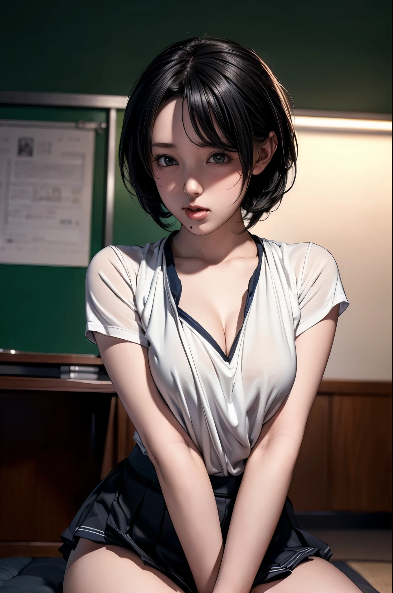 (RAW Photos), (Realistic), (Photorealistic), Ultra-high resolution, masterpiece, Highest quality, Portraiture, facial Portraiture, Perfect lighting, Detailed lighting, Dramatic Shadows, A young woman, solo, wearing a sailor uniform, sitting in a classroom, (School 1.5 in the background), (Serious expression, Hot 1.5), (highest quality: 1.1), (masterpiece: 1.3), with an unparalleled masterpiece, Surreal 8K, Perfect artwork, Super detailed, highest quality, masterpiece 4K wallpaper aesthetics, masterpiece, Award-winning works, Official Art, Cinema Lighting, Small Breasts, short bob hair, (((black hair))), (((Mouth half open))),