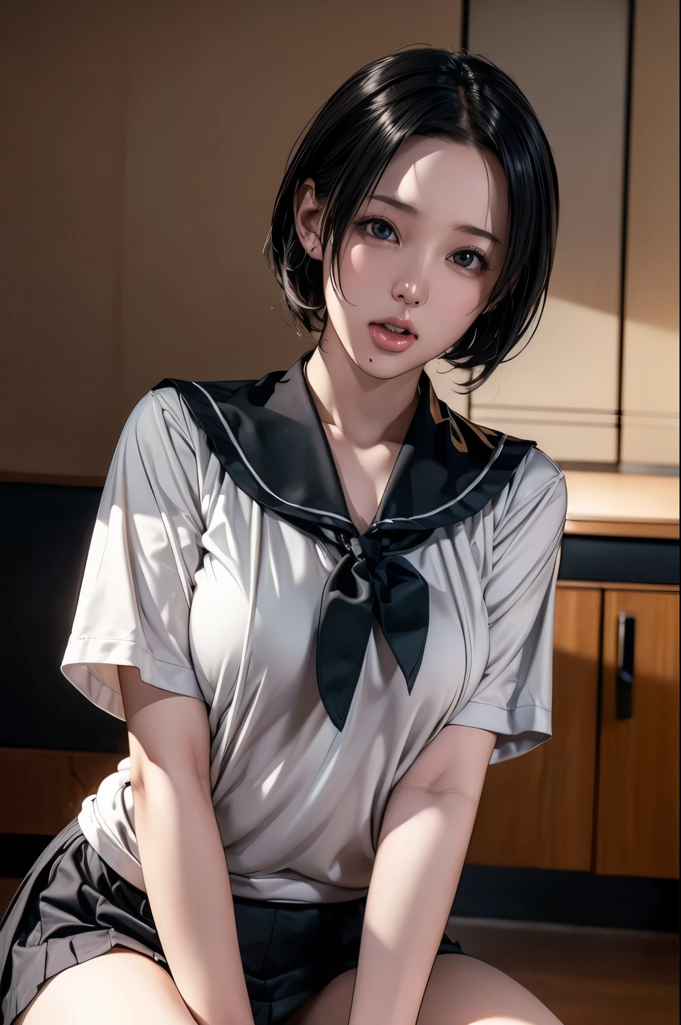 (RAW Photos), (Realistic), (Photorealistic), Ultra-high resolution, masterpiece, Highest quality, Portraiture, facial Portraiture, Perfect lighting, Detailed lighting, Dramatic Shadows, A young woman, solo, wearing a sailor uniform, sitting in a classroom, (School 1.5 in the background), (Serious expression, Hot 1.5), (highest quality: 1.1), (masterpiece: 1.3), with an unparalleled masterpiece, Surreal 8K, Perfect artwork, Super detailed, highest quality, masterpiece 4K wallpaper aesthetics, masterpiece, Award-winning works, Official Art, Cinema Lighting, Small Breasts, short bob hair, (((black hair))), (((Mouth half open))),