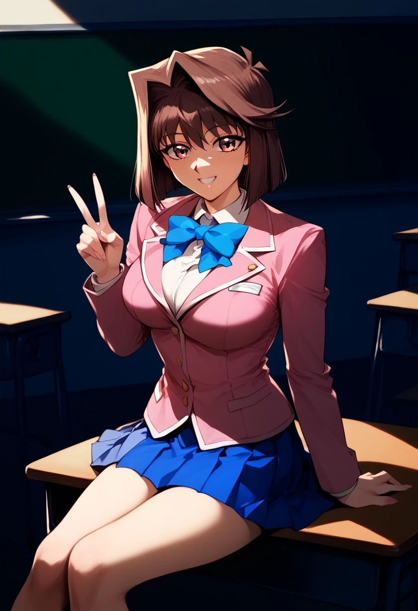 (masterpiece), (Best quality), (Very detailed), (high resolution), (8Khighres), (cel anime), (detailed beautiful face and eyes), (textile shading), (cowboy shot), (classroom), anzu mazaki, mazaki anzu, blue bowtie, pink jacket, blazer, long sleeves, blue skirt, pleated skirt, beautiful breasts, smile, sitting, peace,,