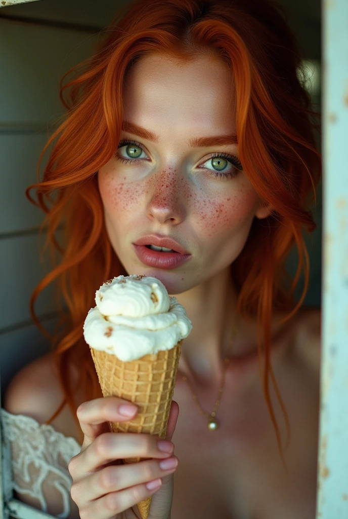 Une femme rousse sexy, au charme ensorcelant, déguste une glace avec une sensualité délibérée. Ses cheveux flamboyants, d'un rouge profond et brillant, encadrent son visage, tombant en mèches douces sur ses épaules. Elle est vêtue d'une tenue estivale, peut-être une robe légère qui met en valeur sa silhouette élancée et ses courbes naturelles.

Elle tient la glace avec délicatesse, et son regard séduisant, se pose sur l'objet de son plaisir. D'une langue habile et délicate, elle lèche la glace, savourant chaque instant avec une lenteur étudiée. Ses lèvres pulpeuses capturent la crème glacée, laissant une trace subtile qui fond rapidement sous la chaleur de sa bouche. Ses yeux mi-clos et son sourire à peine esquissé trahissent le plaisir qu'elle prend à ce jeu, rendant la scène encore plus envoûtante.

Autour d'elle, l'atmosphère est vibrante, chez elle par une journée ensoleillée, mais tout semble se concentrer sur ce moment intime et suggestif. Le contraste entre la fraîcheur de la glace et la chaleur de son attitude crée une tension délicieuse, rendant chaque geste de cette femme rousse irrésistiblement captivant.