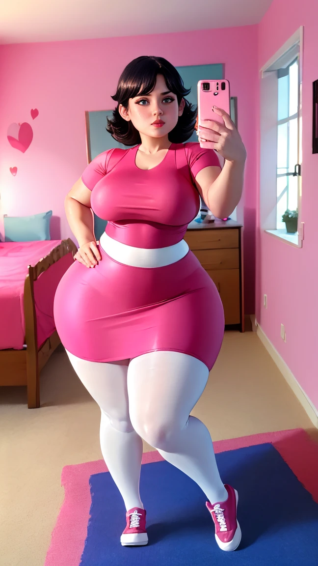 Ms Keane, very beautiful, blue eyes, ((very giant breasts, very fat legs, very giant buttocks, very wide hips)), very short straight black hair ((He is in his room taking a selfie)) ((dressed in a cheerleader uniform with a short, wide pink skirt and long white thigh-high stockings and pink sneakers), posing very sexy and sensual, Very nice room with a large window, good lighting, 4k resolution