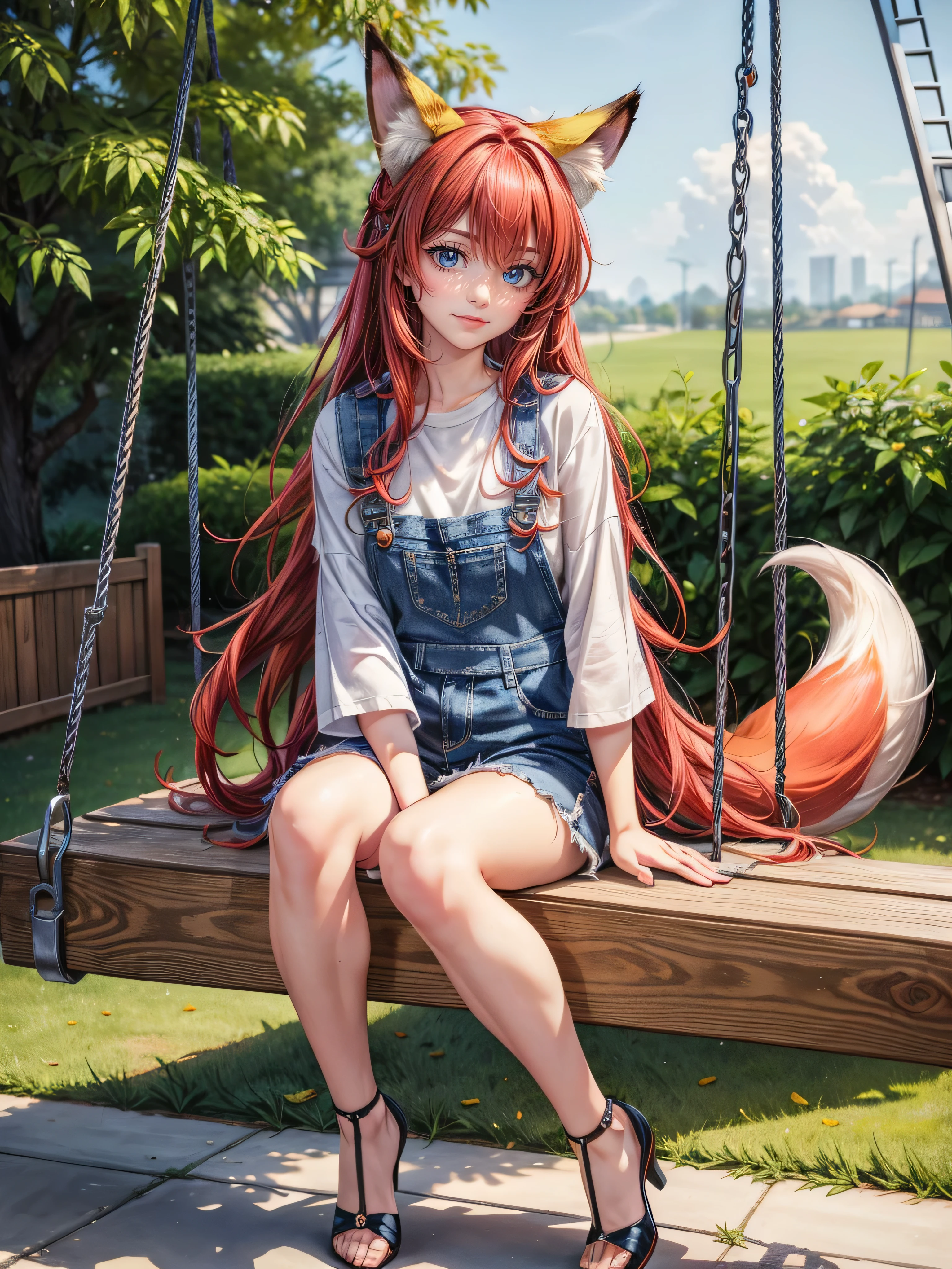 
A sweet and loving fox girl with fox ears and a fox tail. She has radiant blue eyes and long, flowing red hair. Her personality is harmonious and affectionate, which reflects in her soft, gentle expression. She is wearing a stylish denim overall with a white t-shirt underneath and black high heels, creating a perfect blend of casual and chic. She is on a playground, sitting or standing near the swings, surrounded by vibrant, playful colors. The setting is cheerful and warm, complementing her friendly nature. Her hair is unique, flowing beautifully, with subtle makeup that enhances her natural beauty and complements her outfit perfectly. The playground background is filled with joyful elements like swings, slides, and greenery, adding to the playful and harmonious atmosphere. Full body, masterpiece, best quality, very aesthetic, absurdres, newest, ai-generated,add_detail:0,5,add_detail:0, add_detail:0.5,,sharp focus, perfect s, perfect face, perfect eyes, perfect light, dynamic light, natural light,,hand,sharp focus, perfect hands, perfect face, perfect eyes, perfect light, dynamic light, natural light, pretty, perfect face, Perfect feets,(masterpiece:1.2), (best quality:1.2), (very aesthetic:1.2), (absurdres:1.2), (detailed background),newest,ai-generated, intricate Details