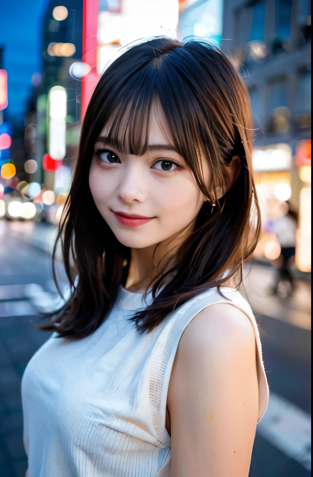 1girl, Tokyo street,night, cityscape,city lights,upper body,close-up,smile,, (8k, RAW photo, best quality, masterpiece:1.2),(realistic, photo-realistic:1.37),
