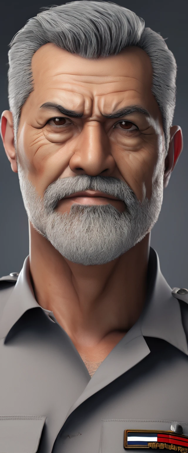 1man, middle-aged man, 63 y.o, handsome, gray haired color, grey beard, shorter quiff salt and pepper hairstyle, red eyes, scratched face, prominent muscular body, bodybuilder bodyshaped, Grey shirt paired in Indonesian Policeman uniform, HD, High Quality, Hyperrealistic, Glorious, Precious, Details, Good Visual, closer distance face, he look at me, Hyperdetail, 8K Resolution