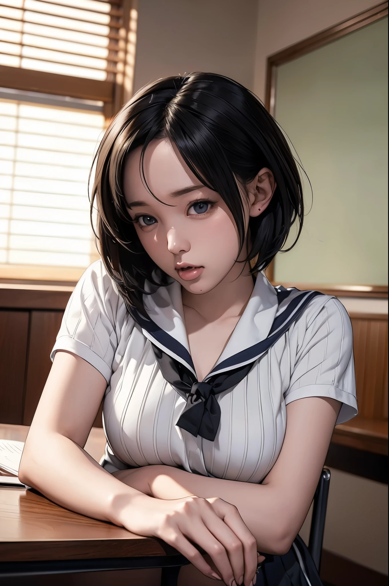 (RAW Photos), (Realistic), (Photorealistic), Ultra-high resolution, masterpiece, Highest quality, Portraiture, facial Portraiture, Perfect lighting, Detailed lighting, Dramatic Shadows, A young woman, solo, wearing a sailor uniform, sitting in a classroom, (School 1.5 in the background), (Serious expression, Hot 1.5), (highest quality: 1.1), (masterpiece: 1.3), with an unparalleled masterpiece, Surreal 8K, Perfect artwork, Super detailed, highest quality, masterpiece 4K wallpaper aesthetics, masterpiece, Award-winning works, Official Art, Cinema Lighting, Small Breasts, short bob hair, (((black hair))), (((Mouth half open))),