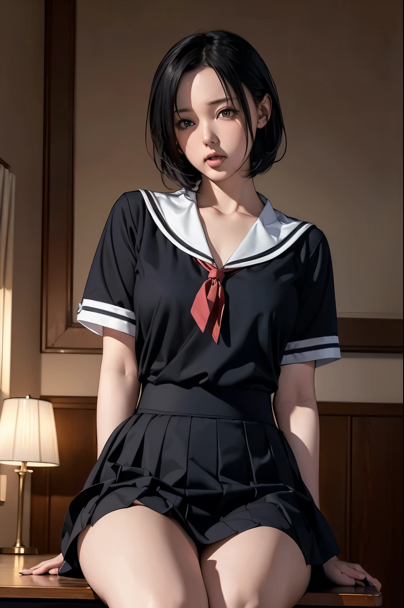 (RAW Photos), (Realistic), (Photorealistic), Ultra-high resolution, masterpiece, Highest quality, Portraiture, facial Portraiture, Perfect lighting, Detailed lighting, Dramatic Shadows, A young woman, solo, wearing a sailor uniform, sitting in a classroom, (School 1.5 in the background), (Serious expression, Hot 1.5), (highest quality: 1.1), (masterpiece: 1.3), with an unparalleled masterpiece, Surreal 8K, Perfect artwork, Super detailed, highest quality, masterpiece 4K wallpaper aesthetics, masterpiece, Award-winning works, Official Art, Cinema Lighting, Small Breasts, short bob hair, (((black hair))), (((Mouth half open))),