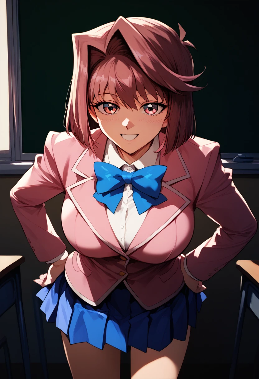 (masterpiece), (Best quality), (Very detailed), (high resolution), (8Khighres), (cel anime), (detailed beautiful face and eyes), (textile shading), (cowboy shot), (classroom), anzu mazaki, mazaki anzu, blue bowtie, pink jacket, blazer, long sleeves, blue skirt, pleated skirt, beautiful breasts, smile, standing, leaning forward, put hands on hips,,