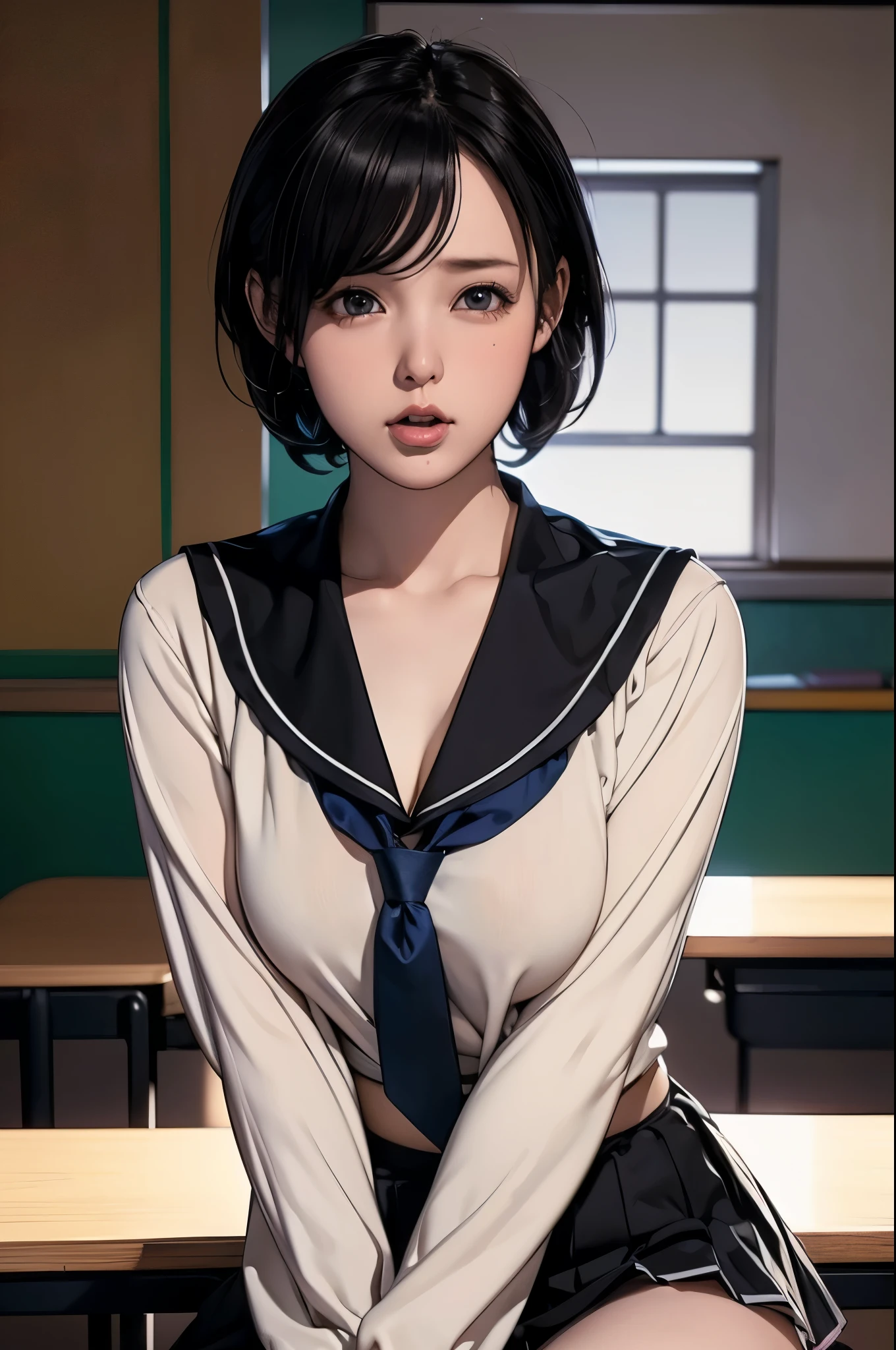 (RAW Photos), (Realistic), (Photorealistic), Ultra-high resolution, masterpiece, Highest quality, Portraiture, facial Portraiture, Perfect lighting, Detailed lighting, Dramatic Shadows, A young woman, solo, wearing a sailor uniform, sitting in a classroom, (School 1.5 in the background), (Serious expression, Hot 1.5), (highest quality: 1.1), (masterpiece: 1.3), with an unparalleled masterpiece, Surreal 8K, Perfect artwork, Super detailed, highest quality, masterpiece 4K wallpaper aesthetics, masterpiece, Award-winning works, Official Art, Cinema Lighting, Small Breasts, short bob hair, (((black hair))), (((Mouth half open))),