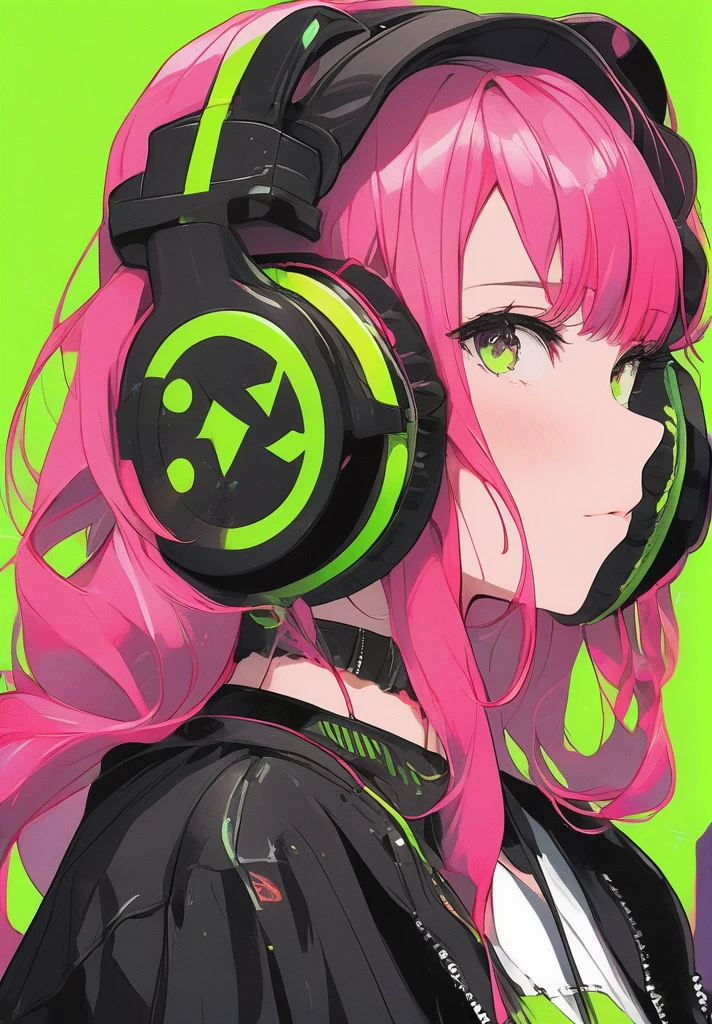 headphones🎧、pink hair、twin tails、blunt bangs、white hood、(high quality), (masterpiece), (be familiar with), 8K, surreal depiction of the future (1 girl 1.2), Japanese character entangled in cybernetic octopus tentacles、A dynamic fusion of organic and technical elements is captured in this visually stunning composition Green Eye、