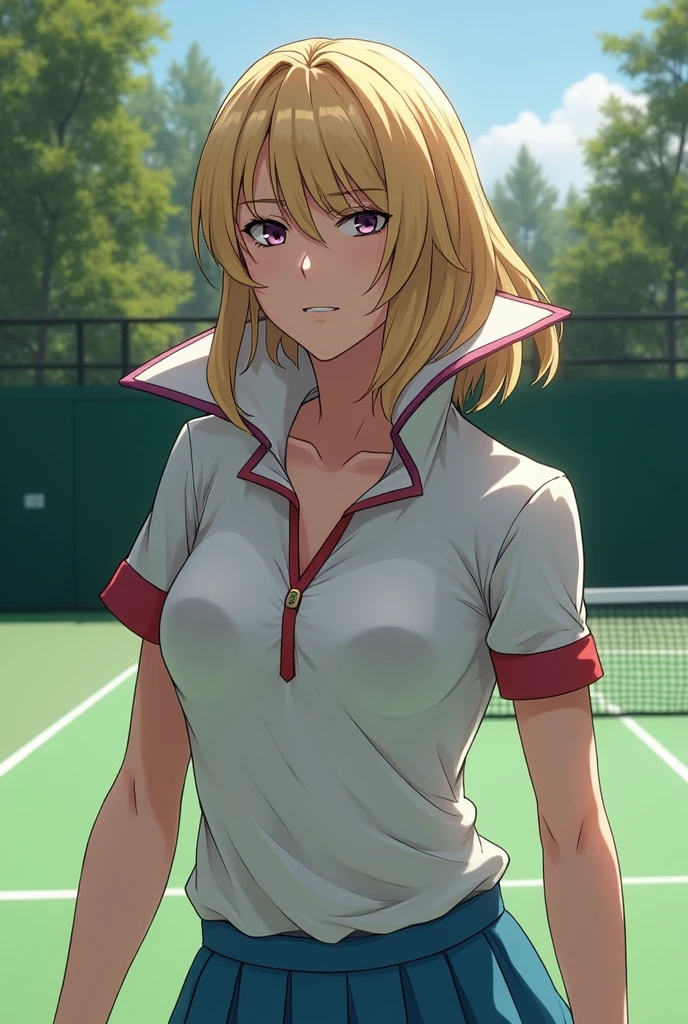 best image quality、high quality、girl,,tennis wear、holding a tennis racket、on the tennis coat、sweaty、big 、good、panties、valley、off shoulder,strong wind ,(Laughter:1.1), (open your mouth:1.1), (wide open eyes:1.2), glare of the sun, Illuminated、Bokeh, written boundary depth, blurred background, Senzoku Nishikigi、Blonde short bob、red eyes、red ribbon
