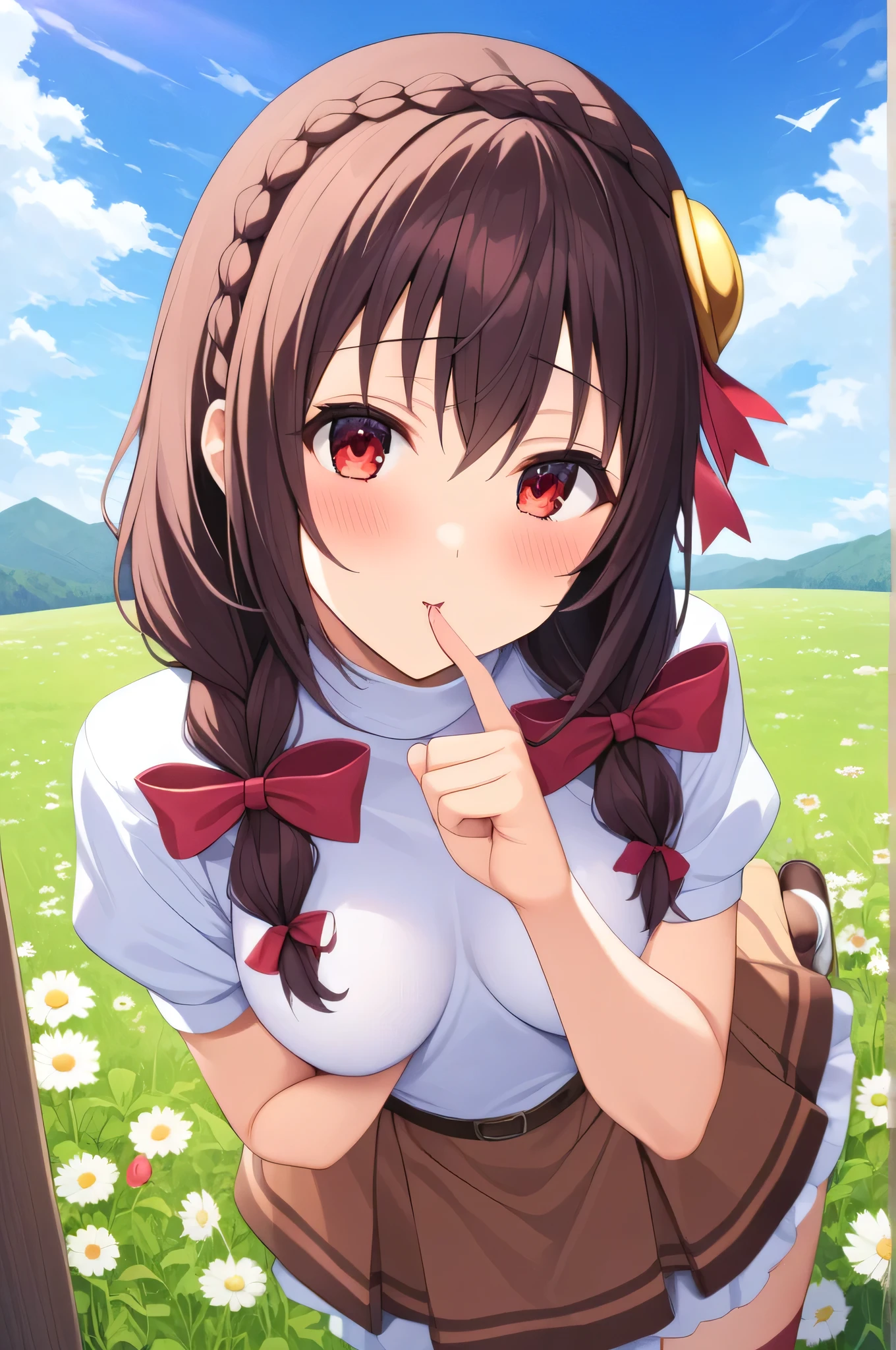 masterpiece,Best Quality, High resolution,One person, Yunyun、My name is Yunyun, Crown braids in the same color as your hair, Red eyes、Hair Accessories, Hair Ribbon, (White turtleneck)、(Brown Skirt), The chest is large、Knee socks、(Kiss the viewer)、(blush:1.4)、Close your eyes、The background is a cosmos flower field、blue sky、♥、heart、View from above