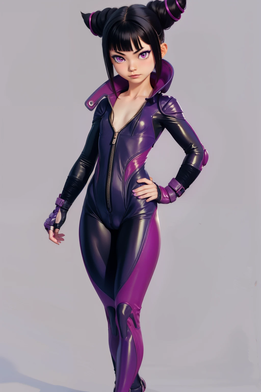 Mantis X, JuriMS, Juri Han, cleavage, hair horns, bangs, purple eyes, bodysuit, zipper down, purple fingerless gloves, toeless legwear, 1girl, l0li, 10yearsold, childish body, , thin, skinny, slim, young pretty face, thin lips, short stature, compact body, petite limbs, broad pelvis, wide hips, thick thighs, huge ass, small chest, cameltoe, (plump labia), cunny, cute, smug, simple background, full body, hands free,