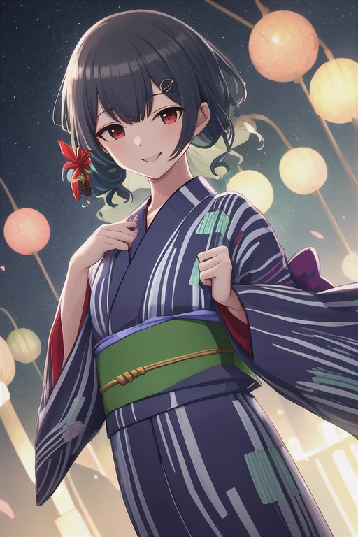 Best Quality, masterpiece, High resolution, Alone, {Yukata:1.40}, {kimono:1.20}, {die_Lindsay_The Idolmaster Shiny Colors:1.15}, red_eye, 前hair, , black_hair, smile, green_hair, short_hair, hair_ornament, closure_mouth