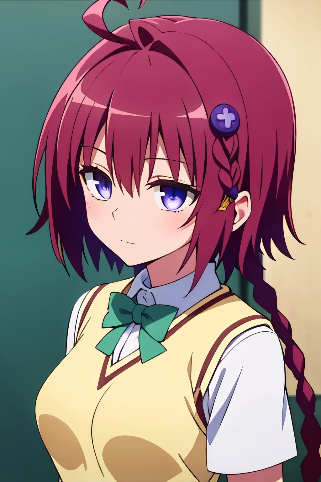 hair ornament, short hair, hair intakes, absurdly long braid, red hair, ahoge,purple eyes, medium breasts, braided ponytail, sainan high school uniform, school uniform, sweater vest, collared shirt, ribbon