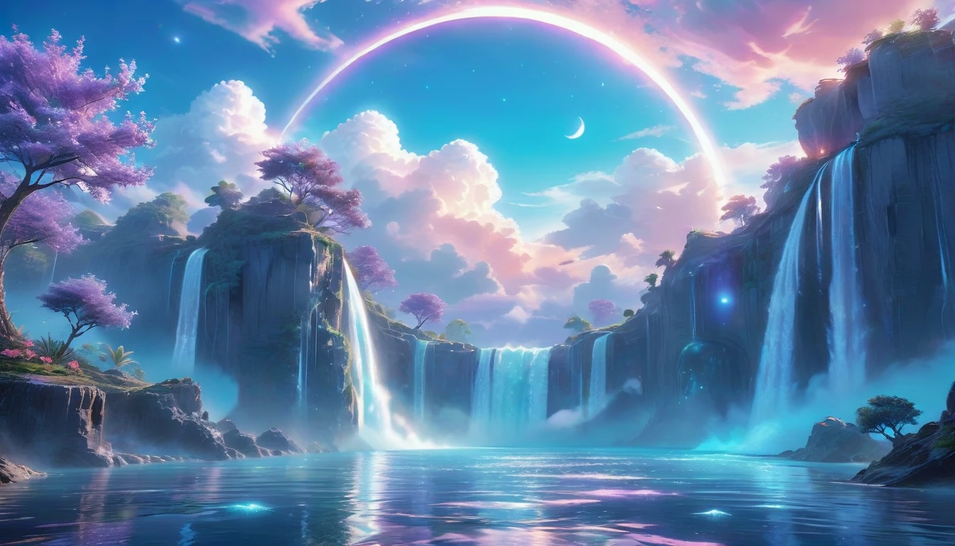 A Masterpiece In 32K Resolution, Supreme Quality, Super Detail, Official Art, Very High-Resolution 32K Wallpaper, Beautiful And Ethereal, Ultra-Detailed Features, Awe-Inspiring Detail. Celestial, Serene, And Dreamlike Scene Set On A Mystical, Oceanic Planet.
The Scene Features Vast, Crystal-Clear Waters Reflecting The Light Of Two Moons Suspended In A Twilight Sky. Towering Waterfalls Cascade From Hovering Islands, Surrounded By Clouds That Shimmer With Iridescent Blues And Violets. A Giant Ringed Planet Dominates The Horizon, Its Rings Glistening With Particles Of Stardust. The Atmosphere Is Peaceful Yet Brimming With An Air Of Fantasy, And The Use Of Soft Gradients Gives A Sense Of Tranquil Motion. Otherworldly Flora Sways In The Gentle Breeze, Adding A Sense Of Calm To This Aquatic Paradise. The Palette Is Soft Yet Vibrant, With Hues Of Turquoise, Lavender, And Coral Creating A Mesmerizing Visual Harmony.