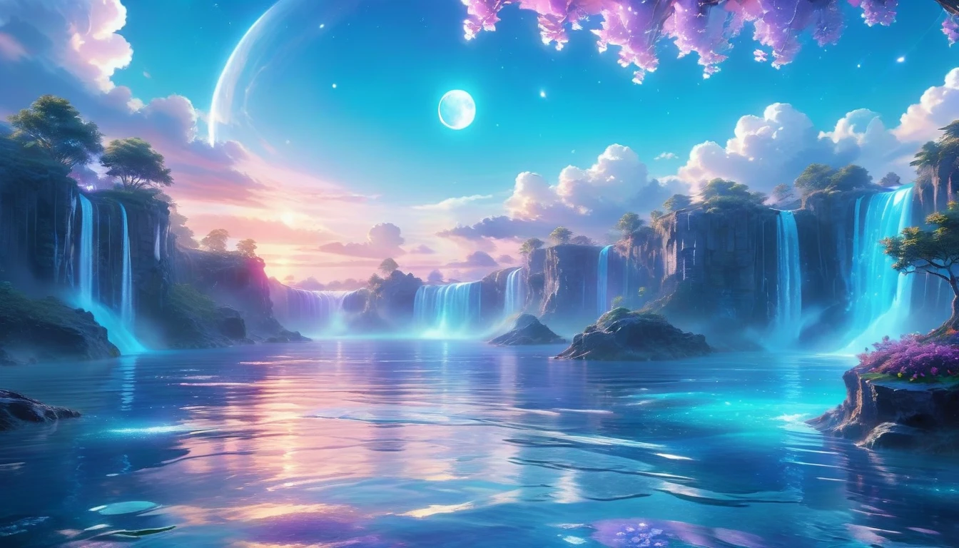 A Masterpiece In 32K Resolution, Supreme Quality, Super Detail, Official Art, Very High-Resolution 32K Wallpaper, Beautiful And Ethereal, Ultra-Detailed Features, Awe-Inspiring Detail. Celestial, Serene, And Dreamlike Scene Set On A Mystical, Oceanic Planet.
The Scene Features Vast, Crystal-Clear Waters Reflecting The Light Of Two Moons Suspended In A Twilight Sky. Towering Waterfalls Cascade From Hovering Islands, Surrounded By Clouds That Shimmer With Iridescent Blues And Violets. A Giant Ringed Planet Dominates The Horizon, Its Rings Glistening With Particles Of Stardust. The Atmosphere Is Peaceful Yet Brimming With An Air Of Fantasy, And The Use Of Soft Gradients Gives A Sense Of Tranquil Motion. Otherworldly Flora Sways In The Gentle Breeze, Adding A Sense Of Calm To This Aquatic Paradise. The Palette Is Soft Yet Vibrant, With Hues Of Turquoise, Lavender, And Coral Creating A Mesmerizing Visual Harmony.