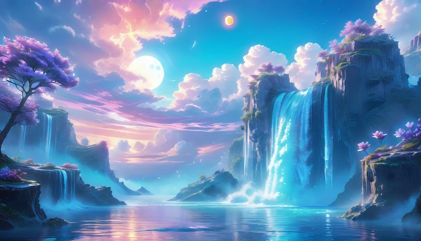 A Masterpiece In 32K Resolution, Supreme Quality, Super Detail, Official Art, Very High-Resolution 32K Wallpaper, Beautiful And Ethereal, Ultra-Detailed Features, Awe-Inspiring Detail. Celestial, Serene, And Dreamlike Scene Set On A Mystical, Oceanic Planet.
The Scene Features Vast, Crystal-Clear Waters Reflecting The Light Of Two Moons Suspended In A Twilight Sky. Towering Waterfalls Cascade From Hovering Islands, Surrounded By Clouds That Shimmer With Iridescent Blues And Violets. A Giant Ringed Planet Dominates The Horizon, Its Rings Glistening With Particles Of Stardust. The Atmosphere Is Peaceful Yet Brimming With An Air Of Fantasy, And The Use Of Soft Gradients Gives A Sense Of Tranquil Motion. Otherworldly Flora Sways In The Gentle Breeze, Adding A Sense Of Calm To This Aquatic Paradise. The Palette Is Soft Yet Vibrant, With Hues Of Turquoise, Lavender, And Coral Creating A Mesmerizing Visual Harmony.