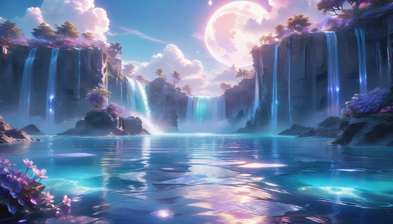 A Masterpiece In 32K Resolution, Supreme Quality, Super Detail, Official Art, Very High-Resolution 32K Wallpaper, Beautiful And Ethereal, Ultra-Detailed Features, Awe-Inspiring Detail. Celestial, Serene, And Dreamlike Scene Set On A Mystical, Oceanic Planet.
The Scene Features Vast, Crystal-Clear Waters Reflecting The Light Of Two Moons Suspended In A Twilight Sky. Towering Waterfalls Cascade From Hovering Islands, Surrounded By Clouds That Shimmer With Iridescent Blues And Violets. A Giant Ringed Planet Dominates The Horizon, Its Rings Glistening With Particles Of Stardust. The Atmosphere Is Peaceful Yet Brimming With An Air Of Fantasy, And The Use Of Soft Gradients Gives A Sense Of Tranquil Motion. Otherworldly Flora Sways In The Gentle Breeze, Adding A Sense Of Calm To This Aquatic Paradise. The Palette Is Soft Yet Vibrant, With Hues Of Turquoise, Lavender, And Coral Creating A Mesmerizing Visual Harmony.