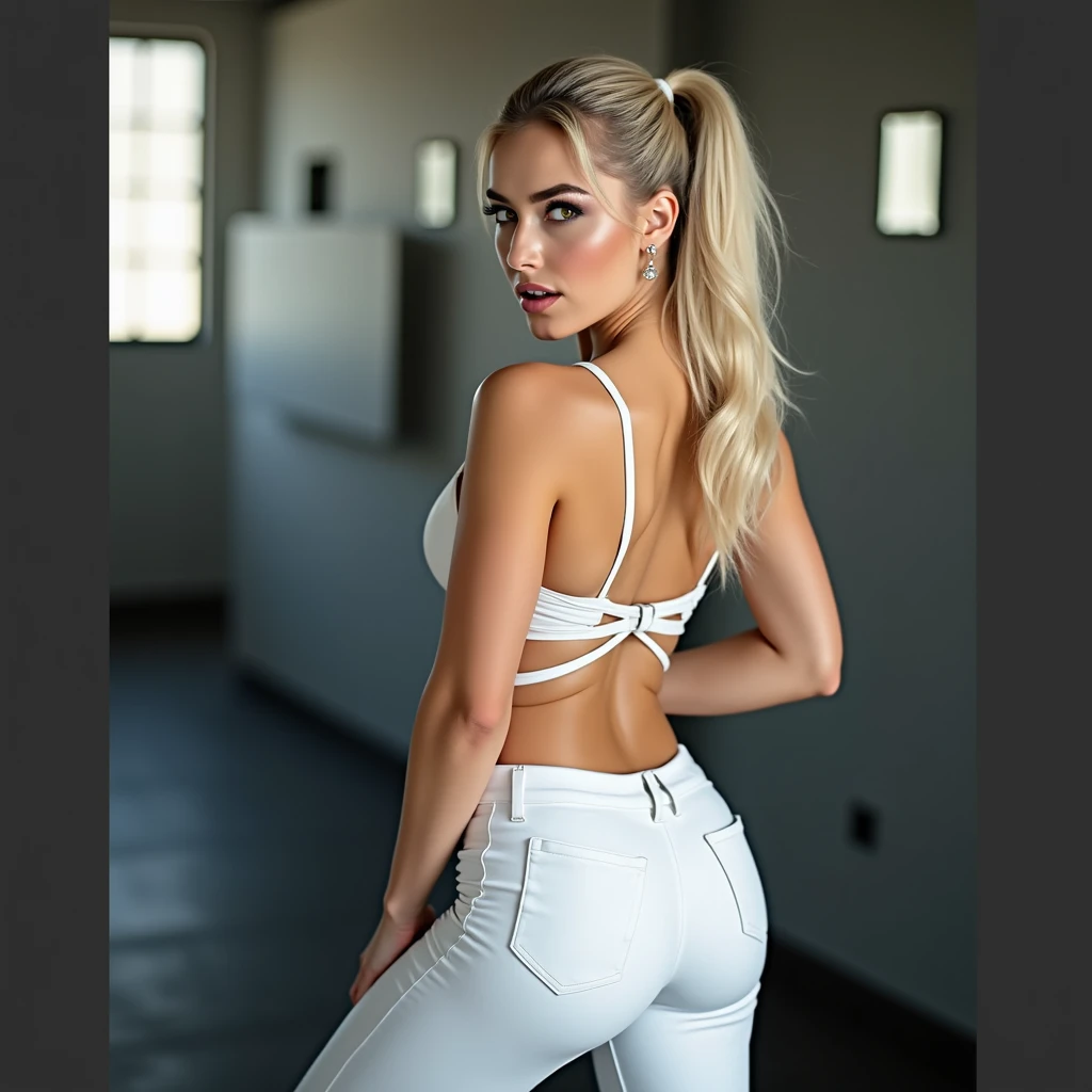 1 very young looking skinny girl in shot posing , very slim tight skinny super model bod, legal but she looks 16y, blond long professional hairstyle, in a high school office, wearing a sexy babysitter cut out Calvin Klein top and thong fashion, jewelery, very toned abs with navel piercing, 16 y face and body big tits