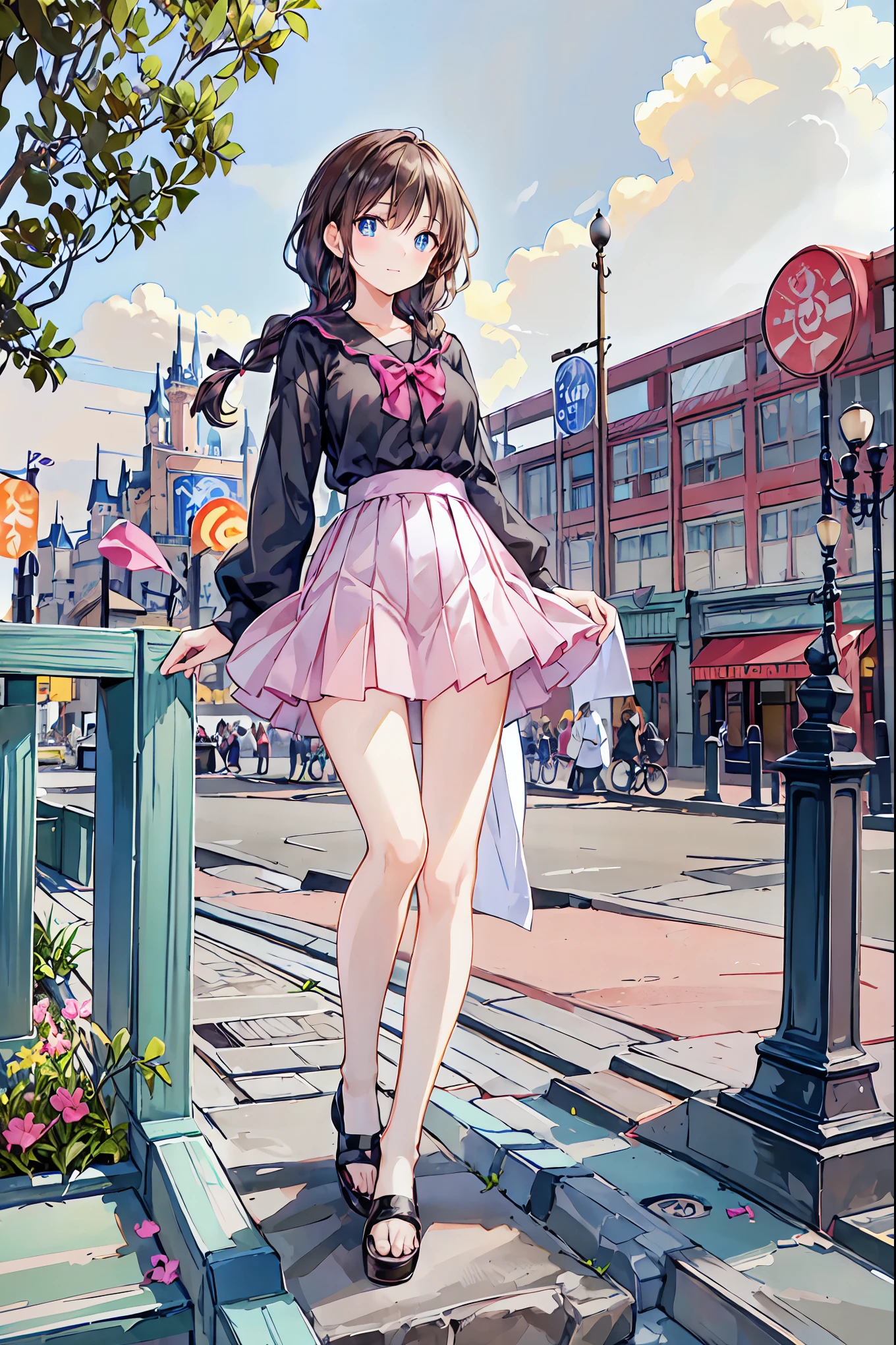 Anime girl in a pink skirt and black top standing on a sidewalk - SeaArt AI