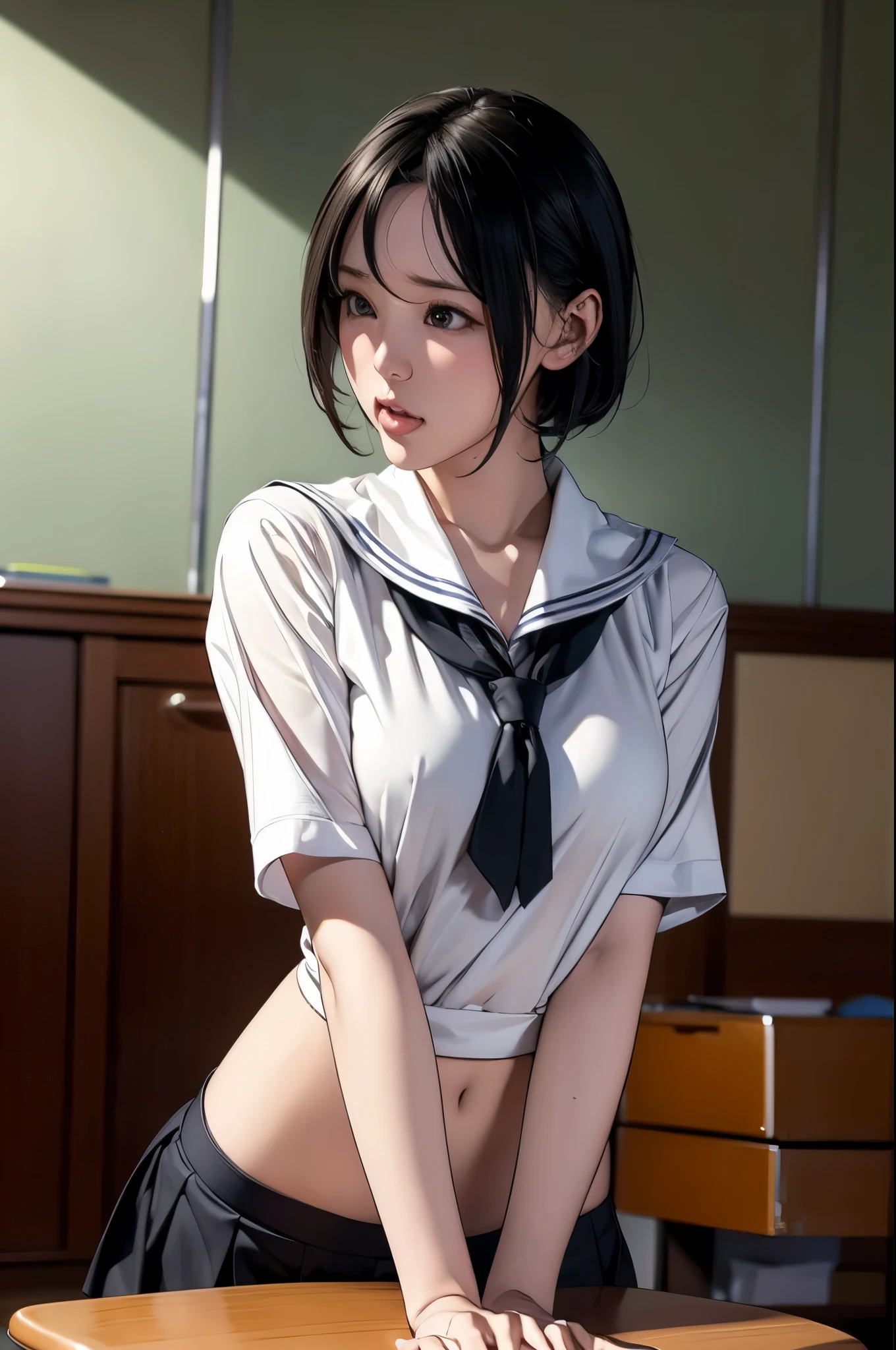 (RAW Photos), (Realistic), (Photorealistic), Ultra-high resolution, masterpiece, Highest quality, Portraiture, facial Portraiture, Perfect lighting, Detailed lighting, Dramatic Shadows, A young woman, solo, wearing a sailor uniform, sitting in a classroom, (School 1.5 in the background), (Serious expression, Hot 1.5), (highest quality: 1.1), (masterpiece: 1.3), with an unparalleled masterpiece, Surreal 8K, Perfect artwork, Super detailed, highest quality, masterpiece 4K wallpaper aesthetics, masterpiece, Award-winning works, Official Art, Cinema Lighting, Small Breasts, short bob hair, (((black hair))), (((Mouth half open))),