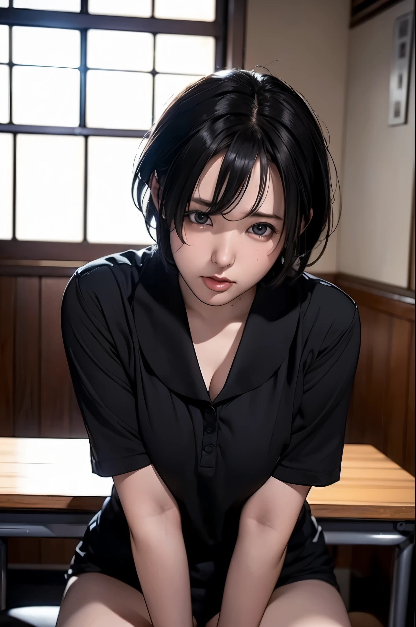 (RAW Photos), (Realistic), (Photorealistic), Ultra-high resolution, masterpiece, Highest quality, Portraiture, facial Portraiture, Perfect lighting, Detailed lighting, Dramatic Shadows, A young woman, solo, wearing a sailor uniform, sitting in a classroom, (School 1.5 in the background), (Serious expression, Hot 1.5), (highest quality: 1.1), (masterpiece: 1.3), with an unparalleled masterpiece, Surreal 8K, Perfect artwork, Super detailed, highest quality, masterpiece 4K wallpaper aesthetics, masterpiece, Award-winning works, Official Art, Cinema Lighting, Small Breasts, short bob hair, (((black hair))), (((Mouth half open))),