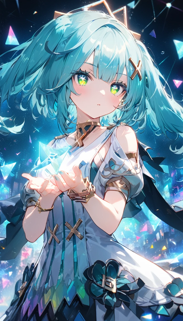 Faruzan,Farzan,1girl,cowboy shot, expressionless,Aqua Hair, Straight bangs, Clergy, (Green Eyes:1.5), Hair between the eyes, Hair Accessories, Long Hair, (Symbol-shaped pupil:1.5), (△ pupil:1.5), Twin tails, x Hair Accessories, bangle, Farzan, Bare shoulders, bracelet, dress, jewelry, Short sleeve, Shiny clothes, 、Great graphics、( Illustration: 0. 8), ,(Beautiful fine details: 1.6),Best Quality、High resolution、Very detailed ,(masterpiece:1.2), (Perfect hands, perfect anatomy),光るjewelry、Floating triangular neon lights,cute、(Glowing geometric background)