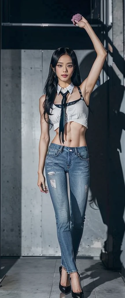 Acurate, 1 Rose from Blackpink、Black hair、black eyes、Semi-long、setting hair、Slender but well-proportioned muscular body、a smile、wearing a tie-front shirt、Abs are cracked、The navel is visible、Wearing high heels、wearing very tight sky blue skinny jeans.、Breasts are big、Full Body from Head to Toe、Standing in a full height from head to the tip of the toe.

The picture must capture from head to toe