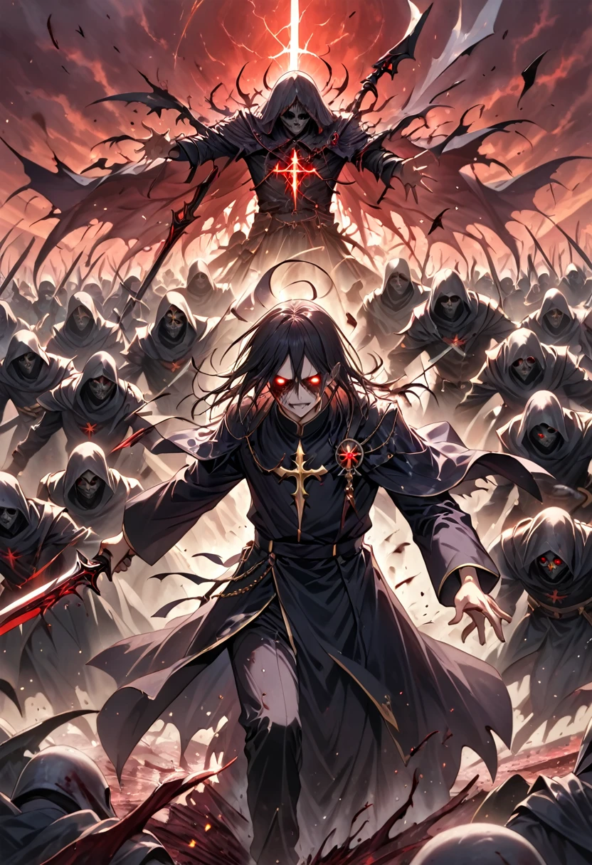 A grim battlefield under a blood-red sky, where knights and warriors clash violently, amidst the chaos, a fallen priest rises, his body covered in scars and his eyes glowing with dark magic, in one hand, he holds a blood-soaked holy symbol, and in the other, a cursed blade that hums with arcane energy, the priest’s face is twisted with rage and grief, as he slashes through his former comrades, chanting blasphemous spells that tear apart flesh and armor, around him, the bodies of the fallen rise again as undead soldiers, their hollow eyes reflecting the hatred that drives them, the priest strides forward, unstoppable, his only goal to bring ruin to the kingdom that betrayed him.