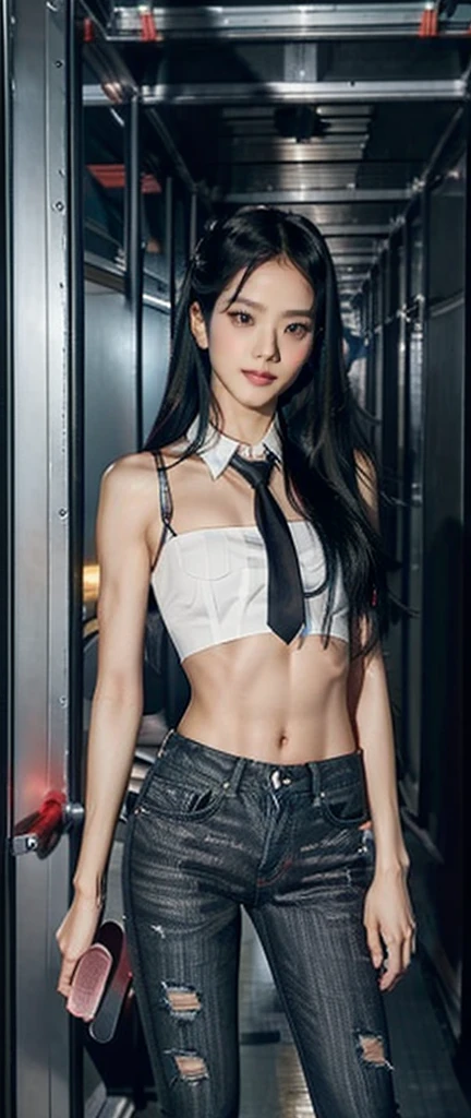 Acurate, 1 Jisoo from Blackpink、Black hair、black eyes、Semi-long、setting hair、Slender but well-proportioned muscular body、a smile、wearing a tie-front shirt、Abs are cracked、The navel is visible、Wearing high heels、wearing very tight sky blue skinny jeans.、Breasts are big、Full Body from Head to Toe、Standing in a full height from head to the tip of the toe.

The picture must capture from head to toe